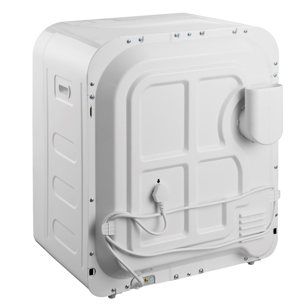 Widok z tyłu białej pralki. Posiada przewód zasilający, wąż spustowy i kilka śrub. Design jest nowoczesny.