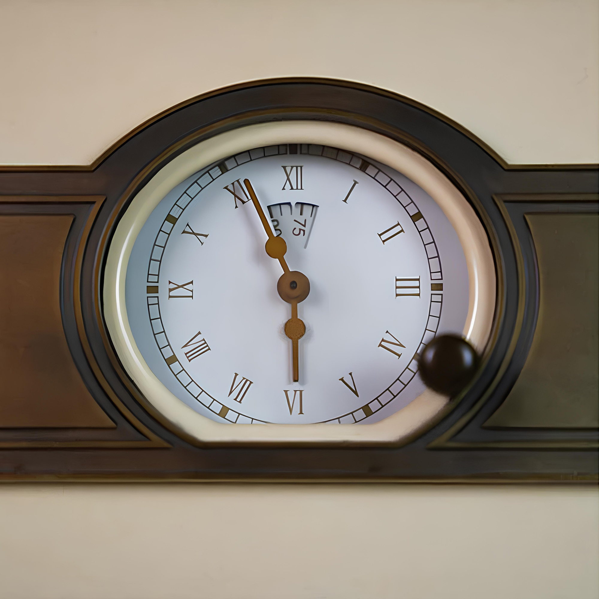 Eine Uhr mit römischen Ziffern. Die Zeiger zeigen 5:55 Uhr. Sie ist in einen Holzrahmen an einer hellbeigen Wand gefasst.