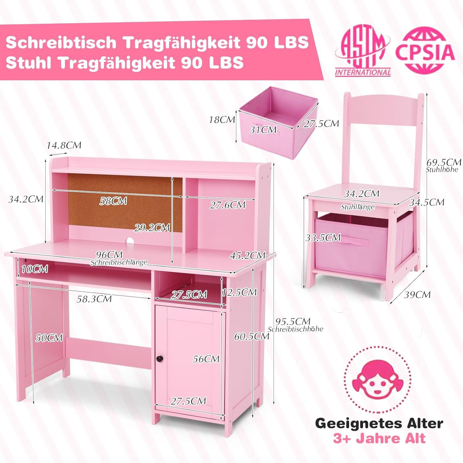 Rosa Schreibtisch und Stuhl Set mit Größenangaben. Enthält eine Schublade und eine Box. Geeignet für Kinder ab 3 Jahren.