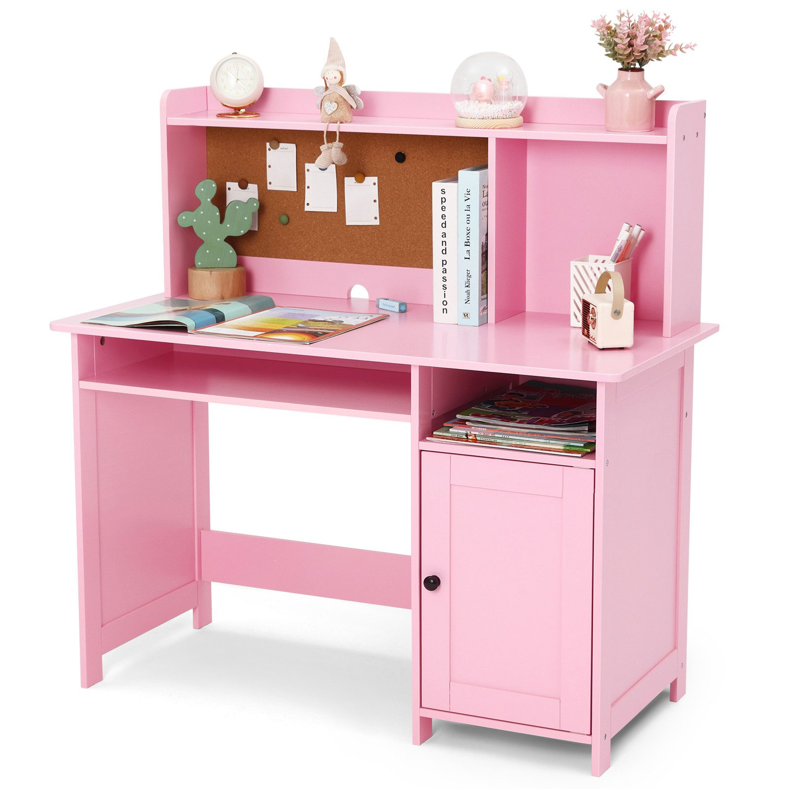 Rosa Kinderschreibtisch mit Regal, Pinnwand, Uhr, Dekorationen, Büchern und Schrank.