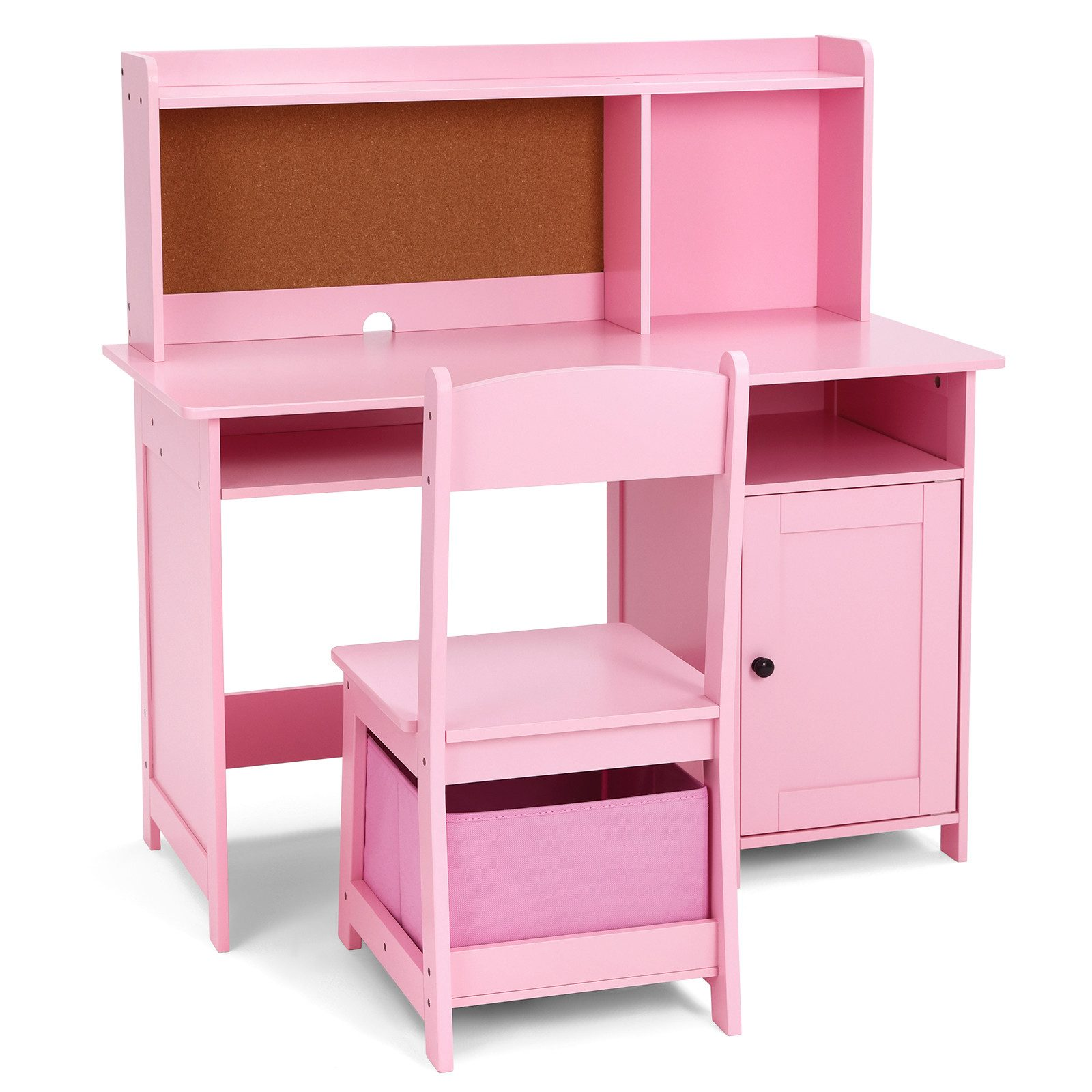 Rosa Schreibtisch und Stuhl-Set. Der Schreibtisch hat eine Hutze mit Pinnwand. Unter dem Stuhl befindet sich eine rosa Aufbewahrungsbox.