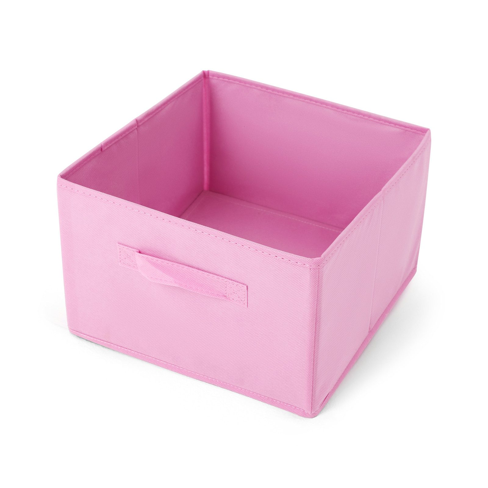 Eine rosa, offene Stoff-Aufbewahrungsbox. Sie hat einen Griff an einer Seite und ist vor weißem Hintergrund.