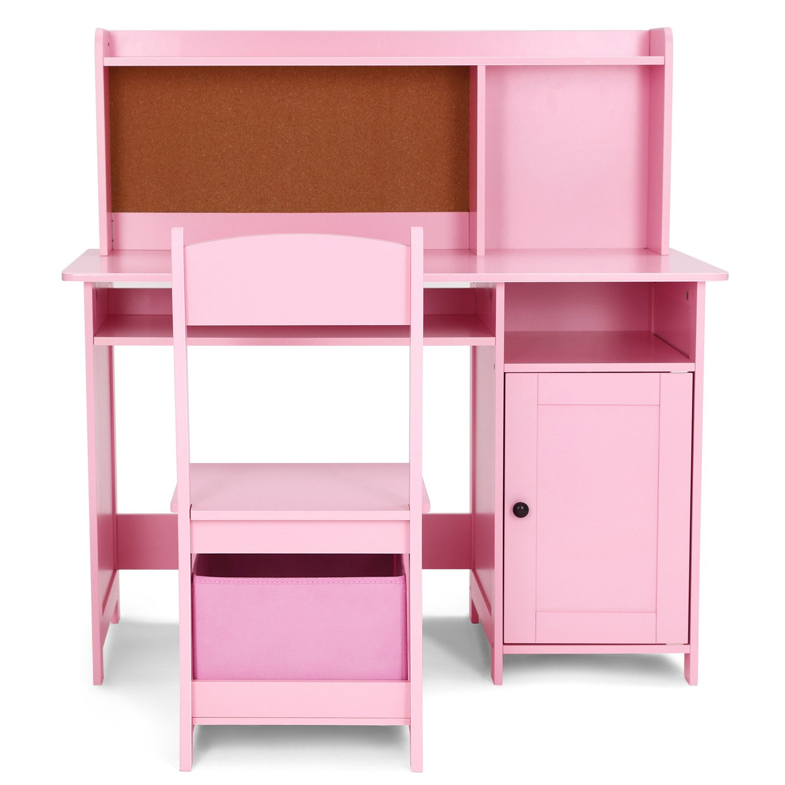 Ein rosa Schreibtisch mit Stuhl und Stauraum. Der Schreibtisch hat eine Pinnwand, Regale und einen Schrank.