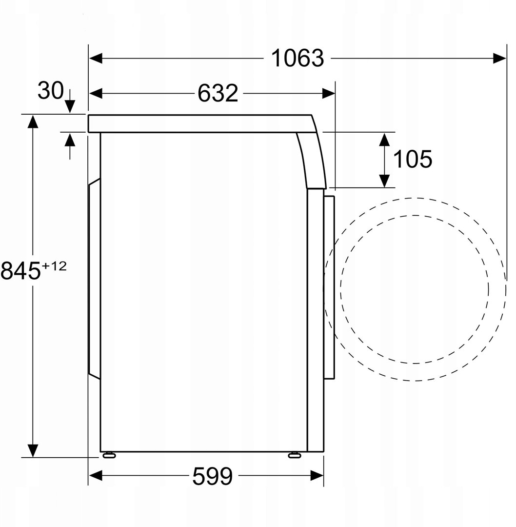 Rysunek techniczny maszyny. Wymiary: 845+12, 1063, 632, 599, 105 i 30.