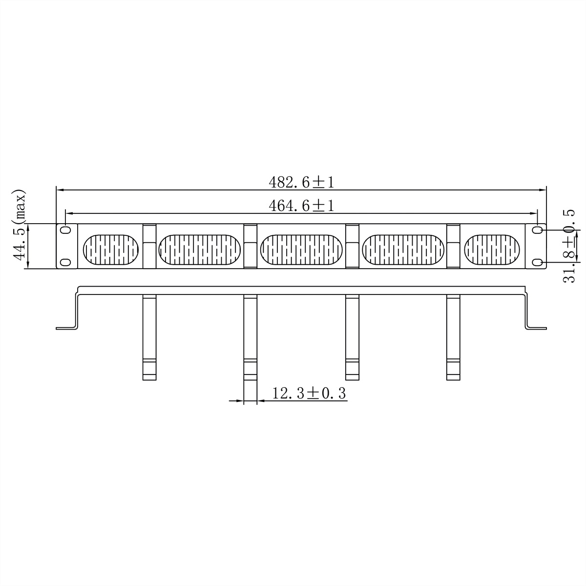Disegno tecnico di un componente metallico con dimensioni. Ha sezioni rettangolari, gambe di supporto e annotazioni di misurazione.