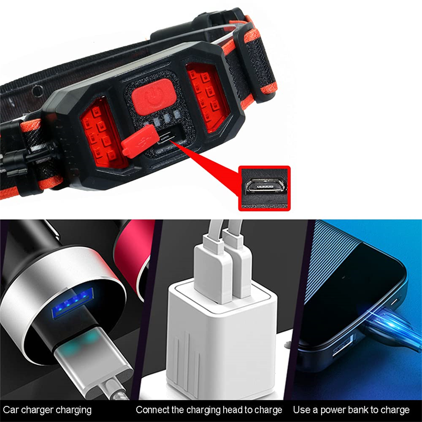 Eine Stirnlampe mit roter Taste und USB-Anschluss. Ladeoptionen umfassen Autoladegerät, Wandladegerät und Powerbank.