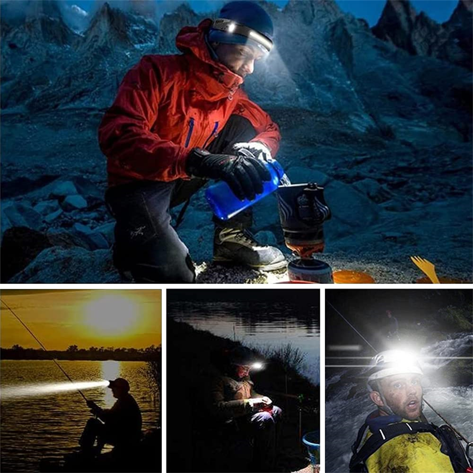 Mann mit Stirnlampe gießt nachts im Freien Wasser in einen Topf. Andere Bilder zeigen Menschen mit Stirnlampen.