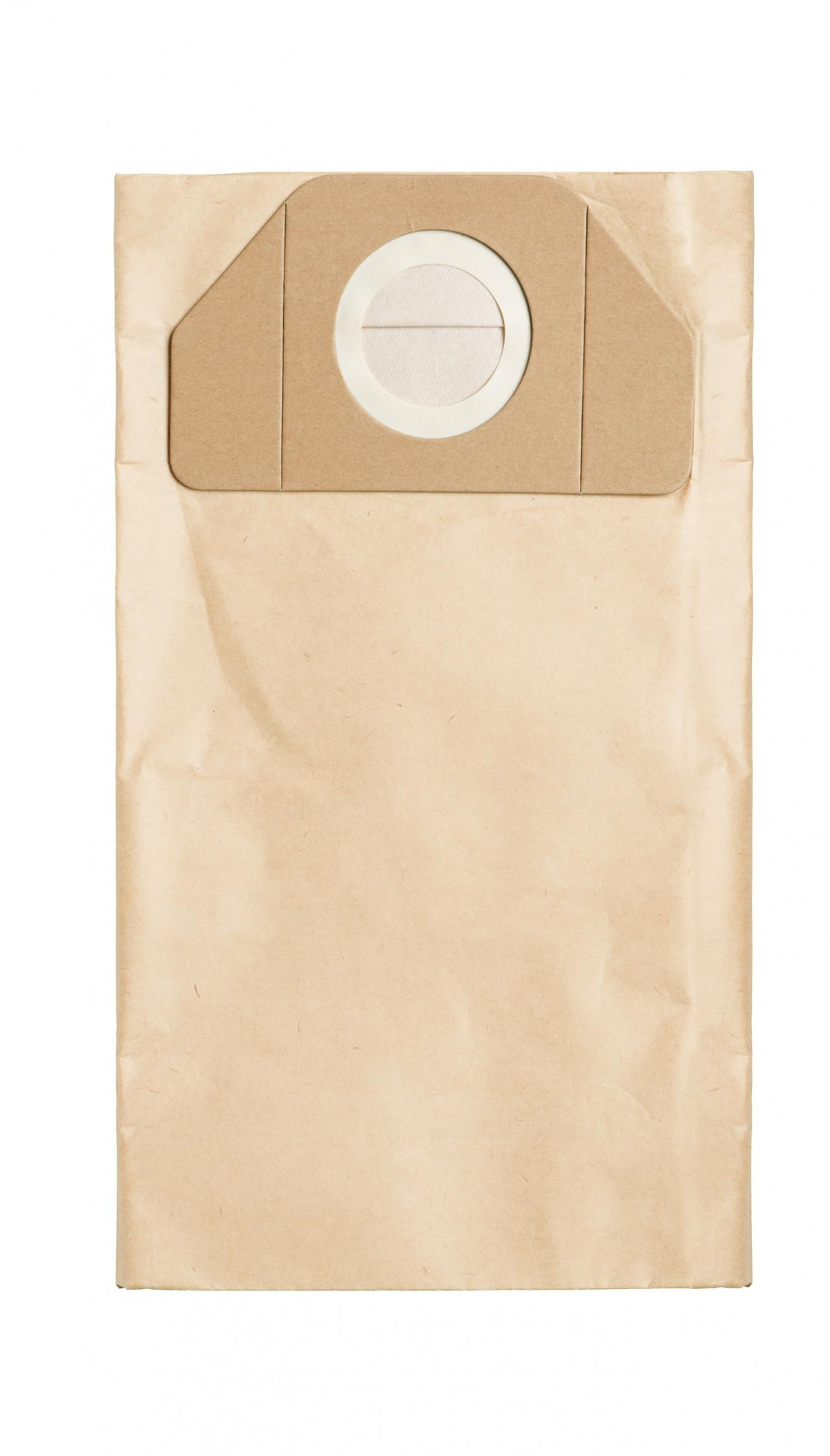 Nowy, nieużywany worek do odkurzacza. Jest brązowy z okrągłym otworem i białym filtrem w środku. Izolowany na białym tle.