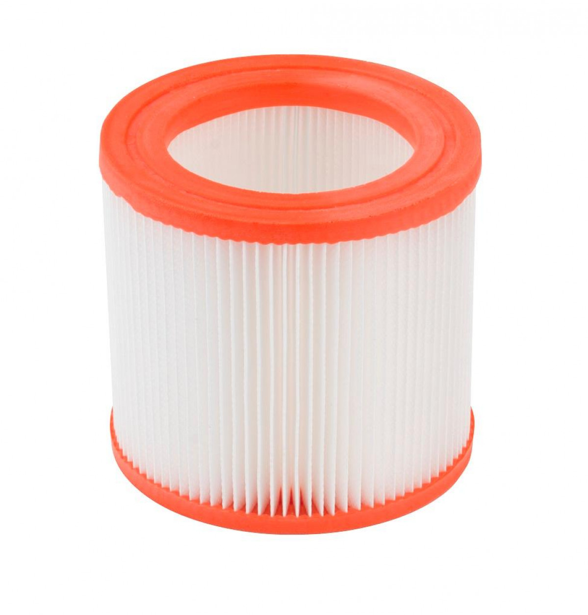 Cylindryczny filtr powietrza z białym plisowanym papierem filtracyjnym. Ma pomarańczowe obramowania u góry i na dole. Tło jest białe.