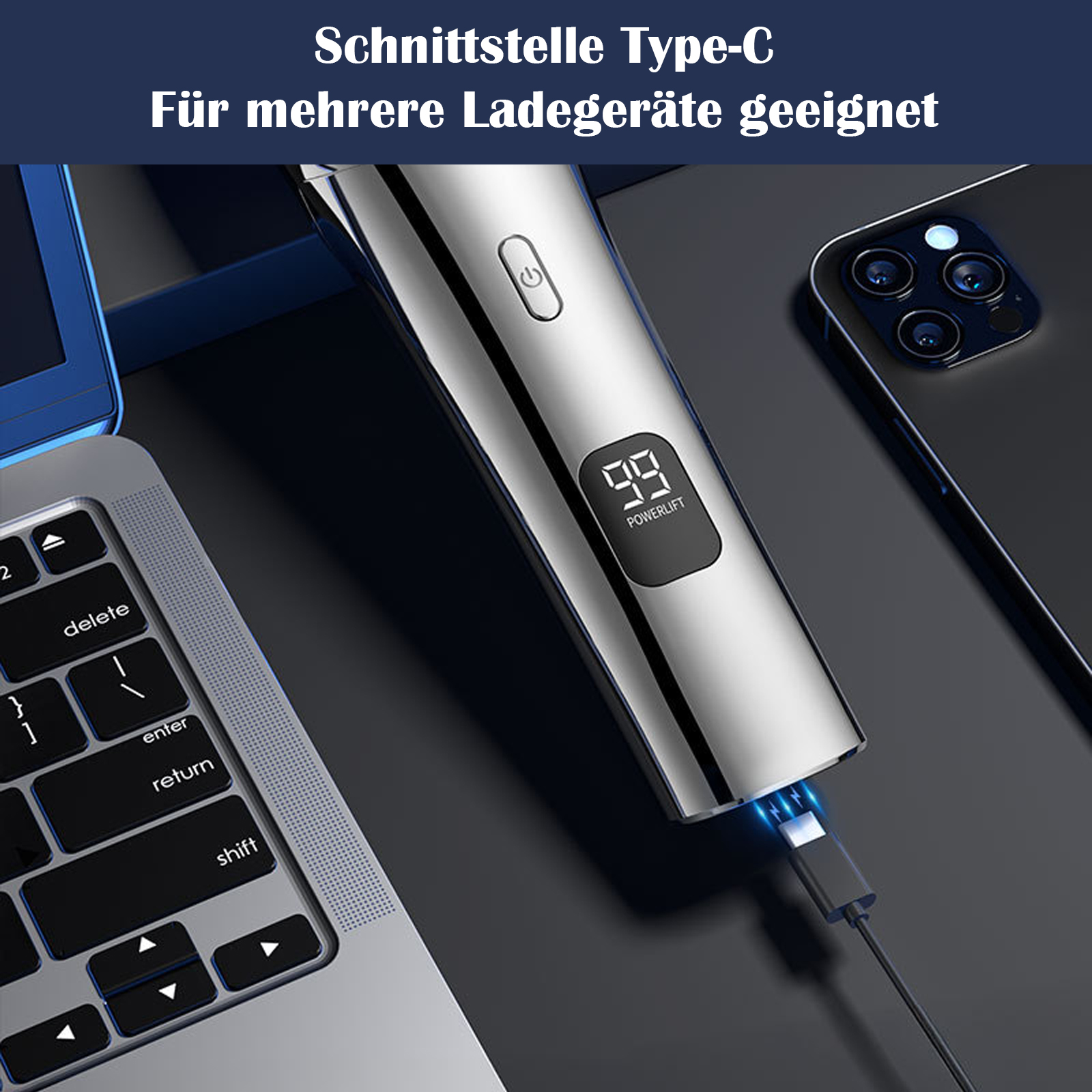 Ein silberner Rasierer wird über ein USB-C-Kabel aufgeladen. Ein Laptop und ein Smartphone sind im Hintergrund.