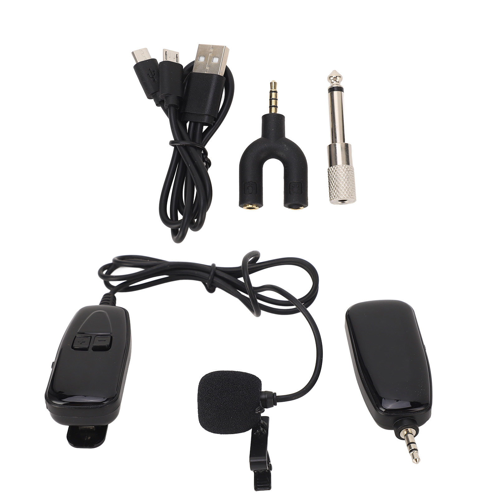 Schwarzes Mikrofon-Set mit verschiedenen Anschlüssen, einschließlich USB und Audiobuchsen, auf weißem Hintergrund.