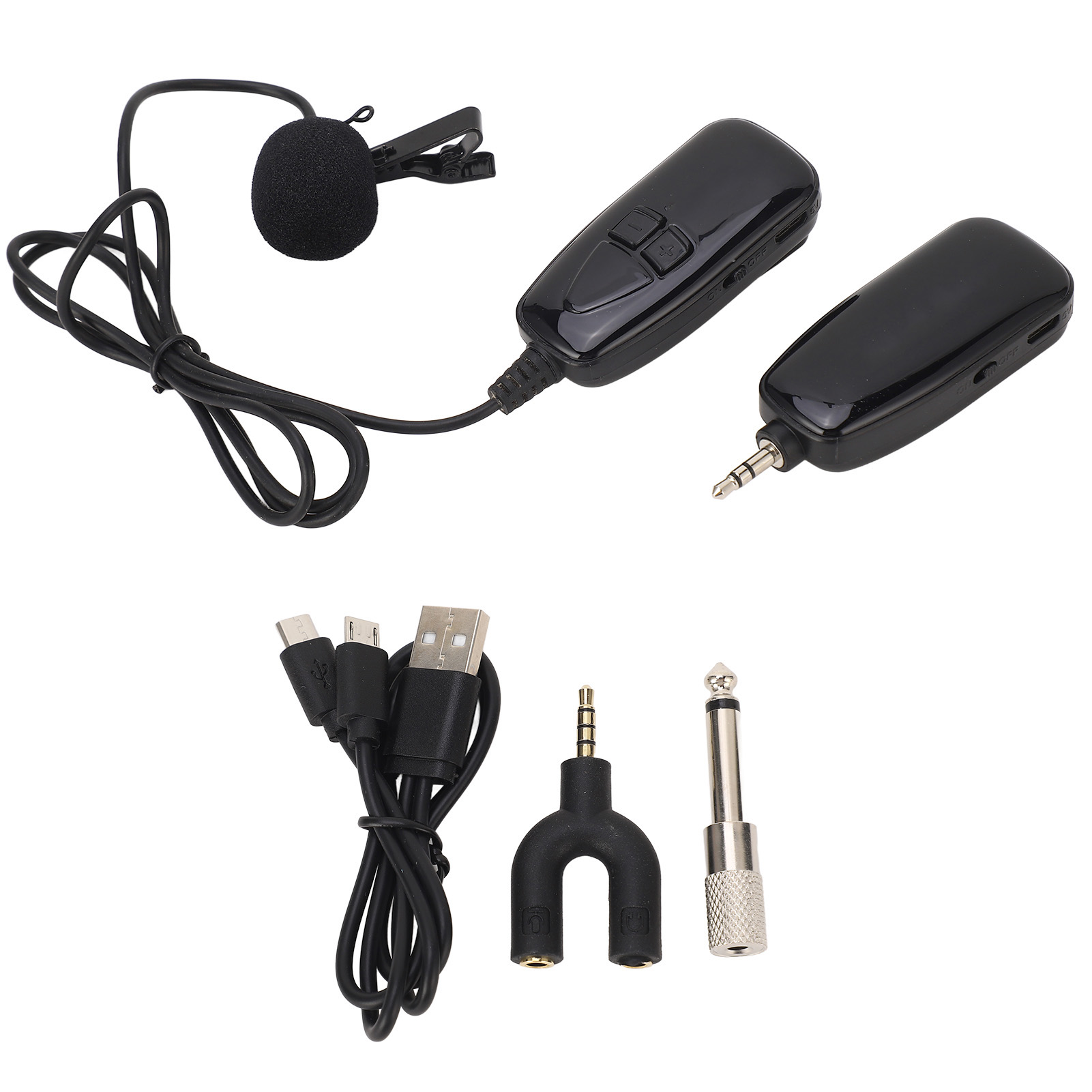 Ein Satz schwarzer Audiogeräte. Enthält ein Mikrofon, zwei Empfänger, Kabel und verschiedene Audioanschlüsse.