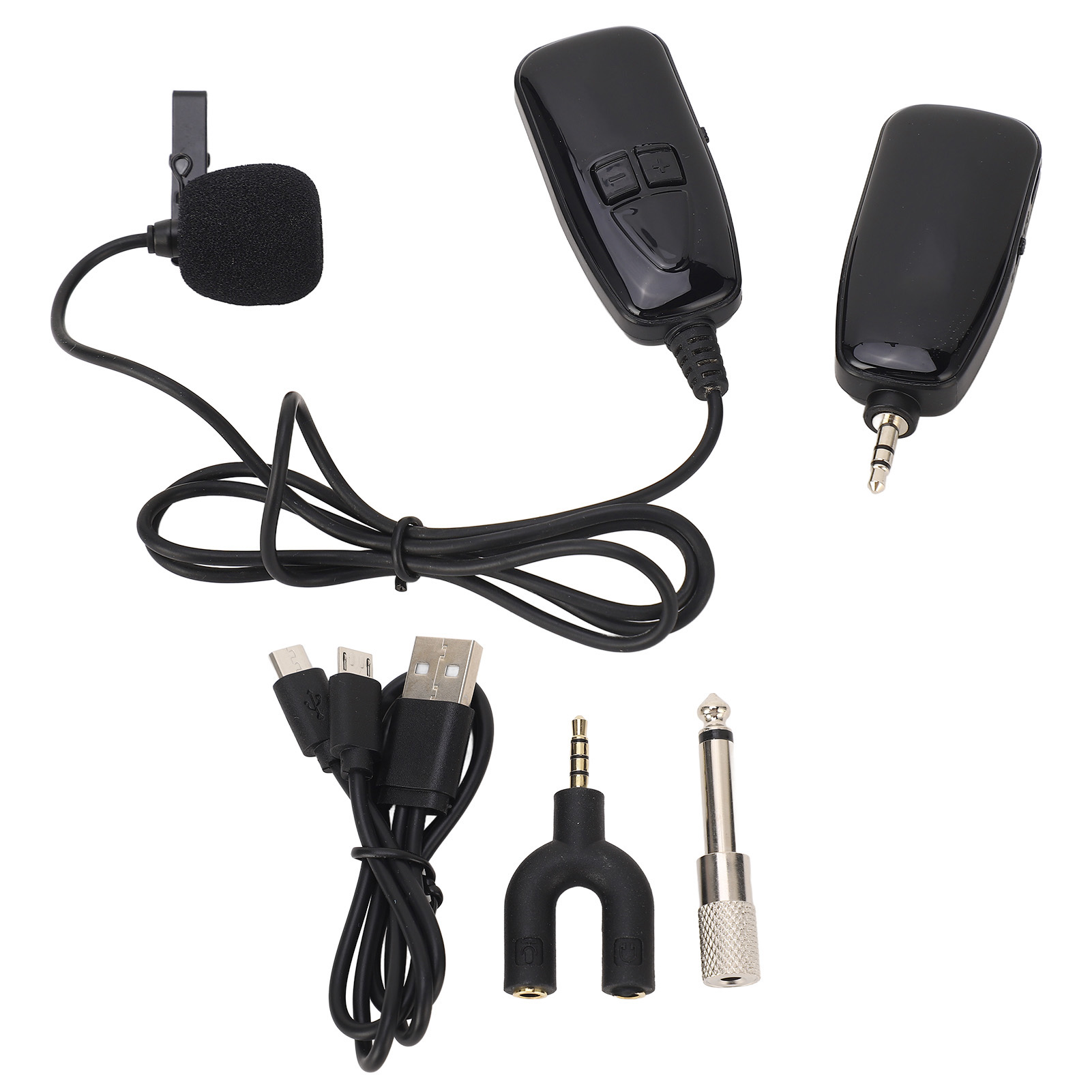 Ein Set schwarzer Audiogeräte, darunter ein Mikrofon, zwei Empfänger, Kabel und verschiedene Anschlüsse, auf weißem Hintergrund.