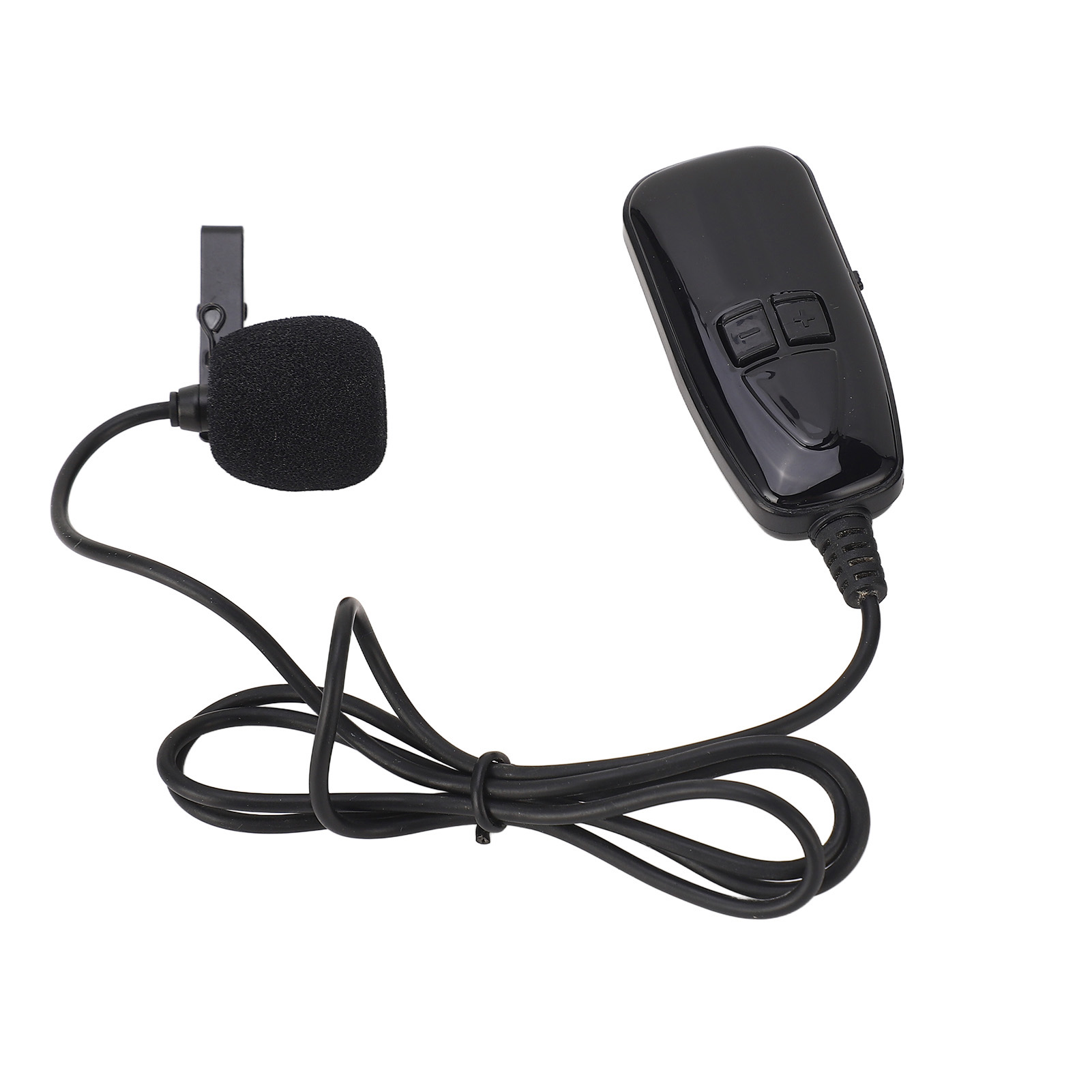 Ein schwarzes Reversmikrofon mit einer Steuereinheit, verbunden durch ein schwarzes Kabel. Der Hintergrund ist weiß.