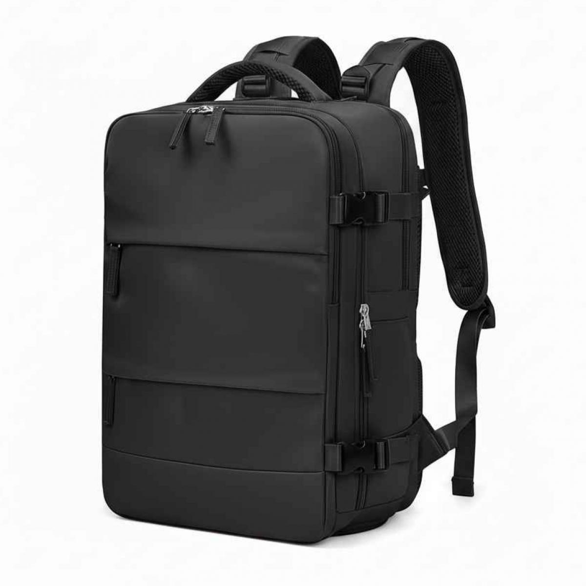 Ein schwarzer Rucksack mit mehreren Fächern, Reißverschlüssen und verstellbaren Trägern, für Reisen oder zum Tragen von Gegenständen.