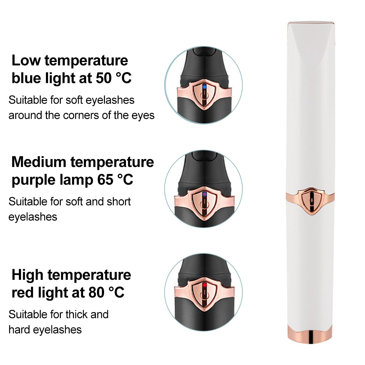 Ein Wimpernformer mit drei Lichtoptionen: blau, lila und rot, jede mit unterschiedlichen Temperaturen und Verwendungen für verschiedene Wimperntypen.