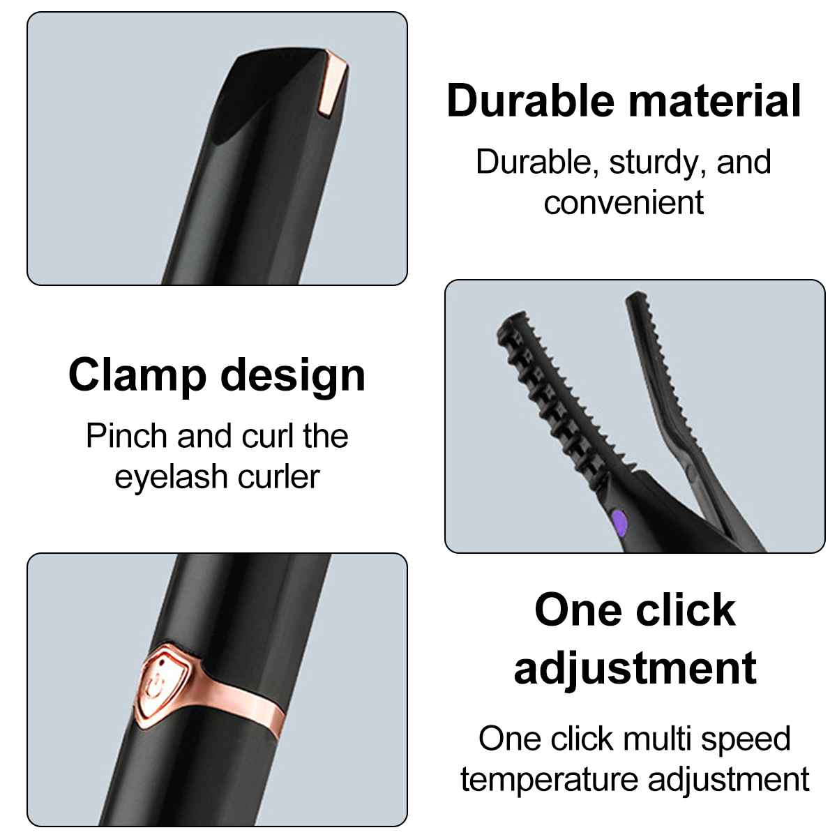 Das Bild zeigt einen schwarzen Wimpernzange und Text. Der Curler hat ein Klemmdesign. Er besteht aus strapazierfähigem Material. Ein-Klick-Einstellung.