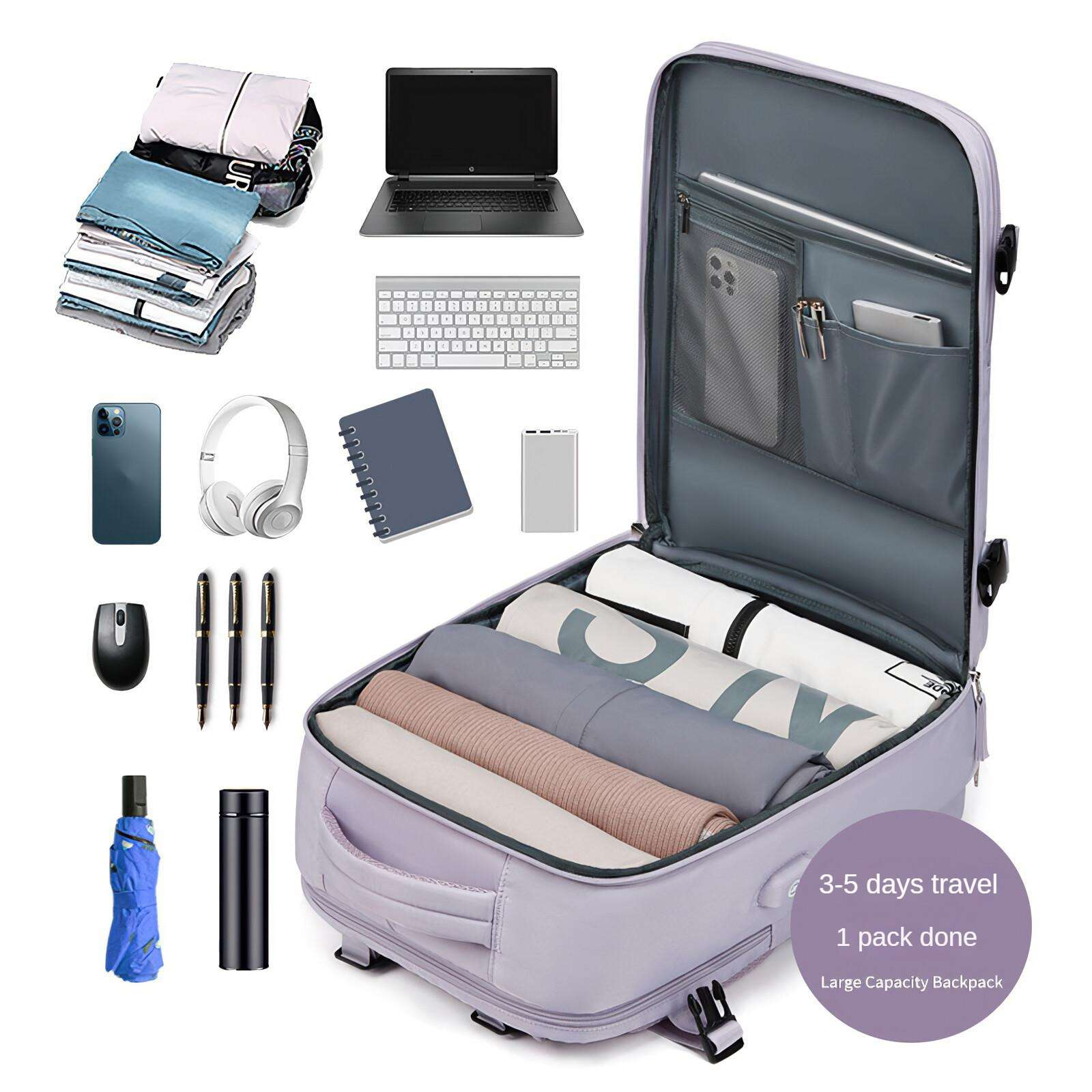 Offener Koffer mit Kleidung, Laptop, Telefon, Kopfhörern und anderen Reiseutensilien. Text lautet '3-5 Tage Reise'.