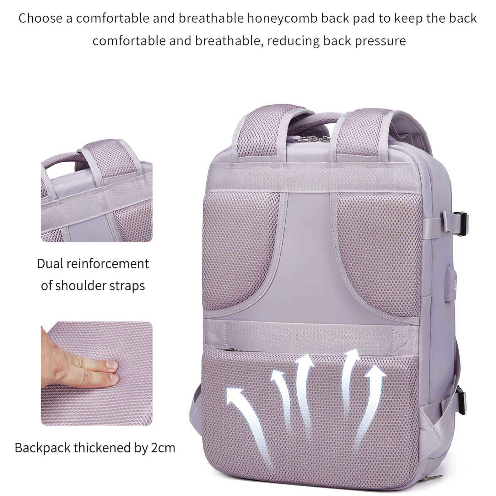 Ein grauer Rucksack. Er hat ein wabenförmiges Rückenteil. Es gibt Pfeile, die die Atmungsaktivität anzeigen. Doppelt verstärkte Schultergurte.