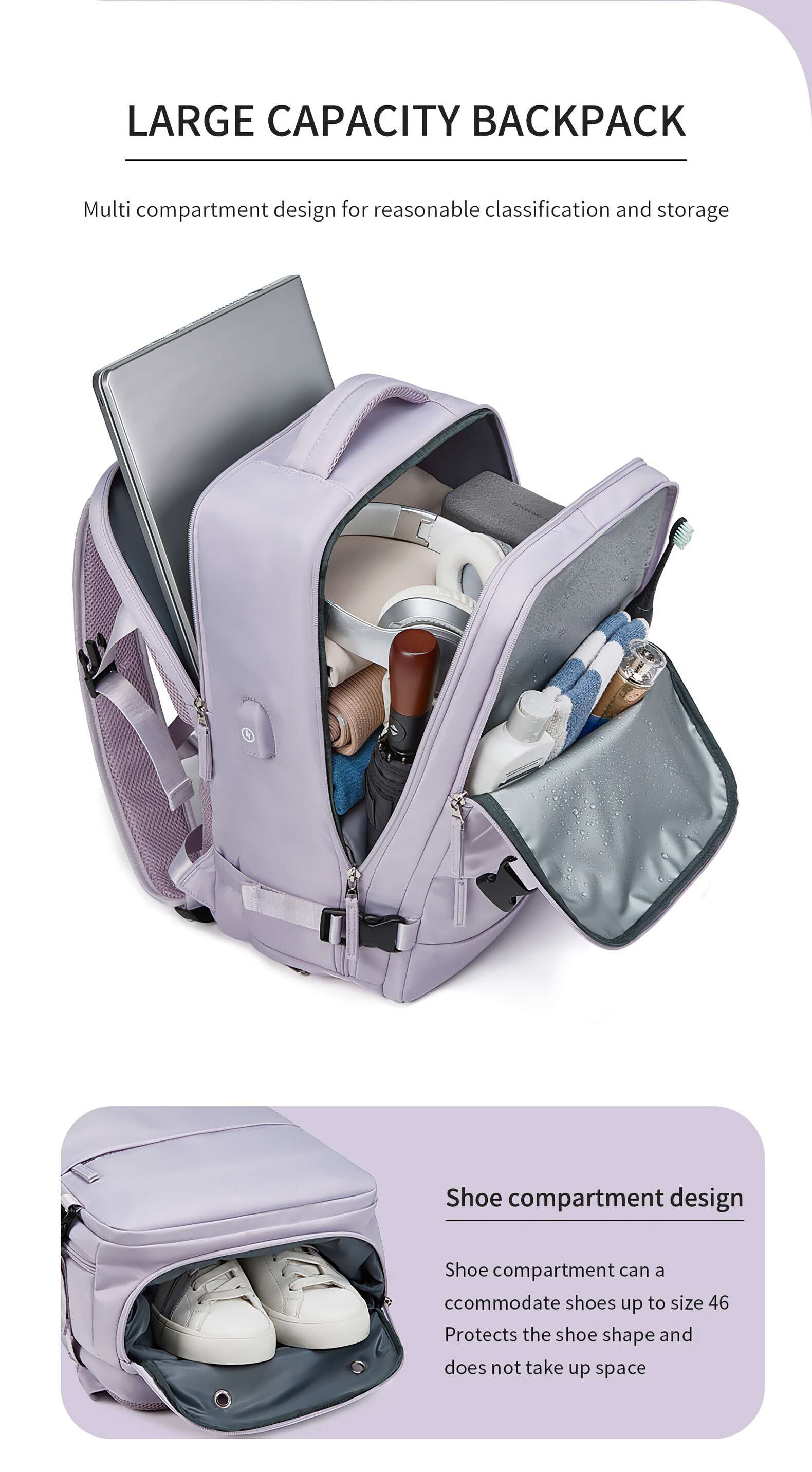 Ein lila Rucksack mit mehreren Fächern, darunter ein Laptopfach. Gegenstände im Inneren sind Kopfhörer, Regenschirm und Toilettenartikel.