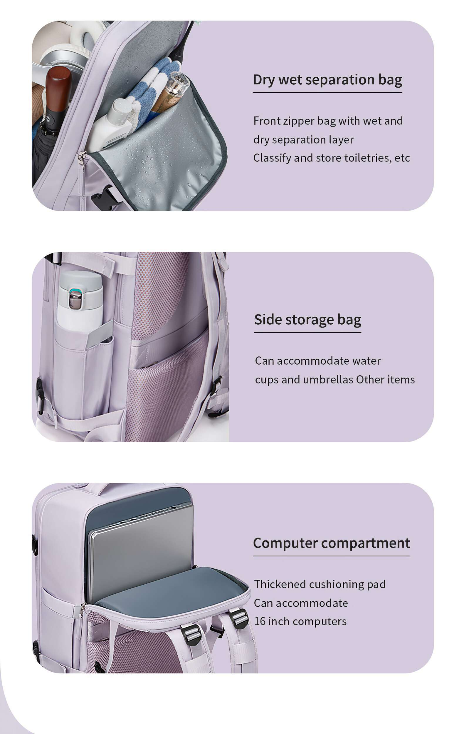 Ein lila Rucksack mit Fächern für nasse Gegenstände, Wasserflaschen und einen Laptop. Enthält ein Handtuch und Toilettenartikel.