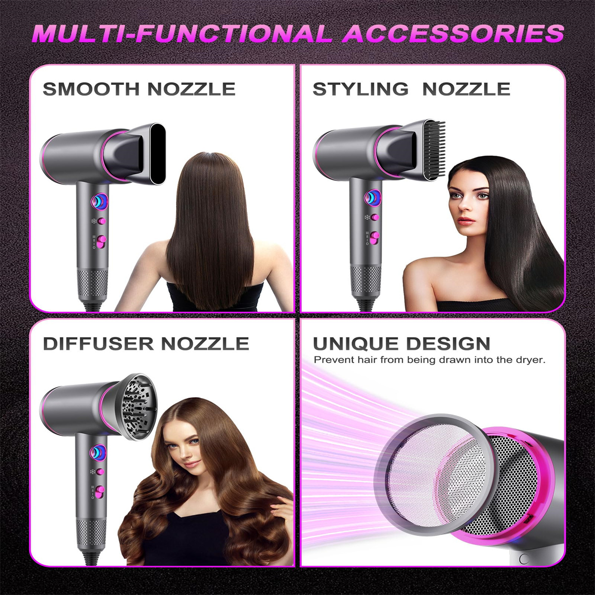 Werbung zeigt einen Haartrockner mit verschiedenen Düsen. Jede Düse ist mit einer Frau gepaart, die den Stil präsentiert, den sie erzeugt.