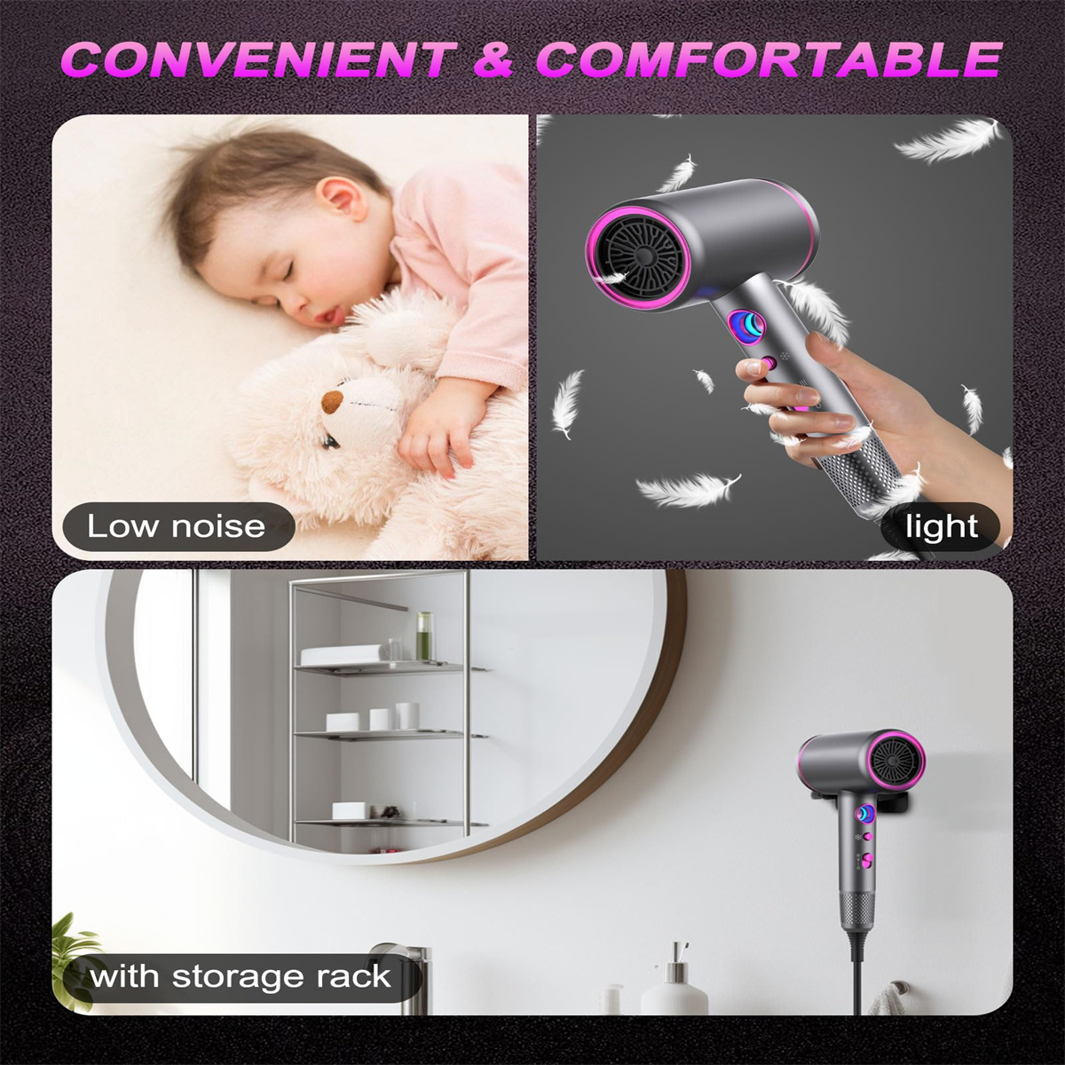 Das Bild zeigt ein schlafendes Baby, einen Haartrockner und einen Badezimmerspiegel mit Ablage, die leise und leichte Eigenschaften bewirbt.