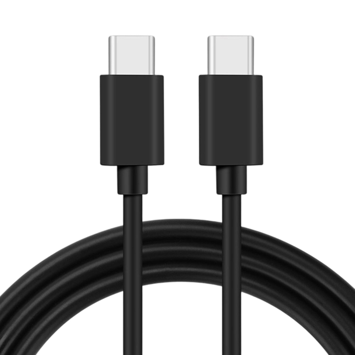 Zwei schwarze USB-C-Kabel mit weißen Steckern auf weißem Hintergrund. Die Kabel sind unten aufgerollt.