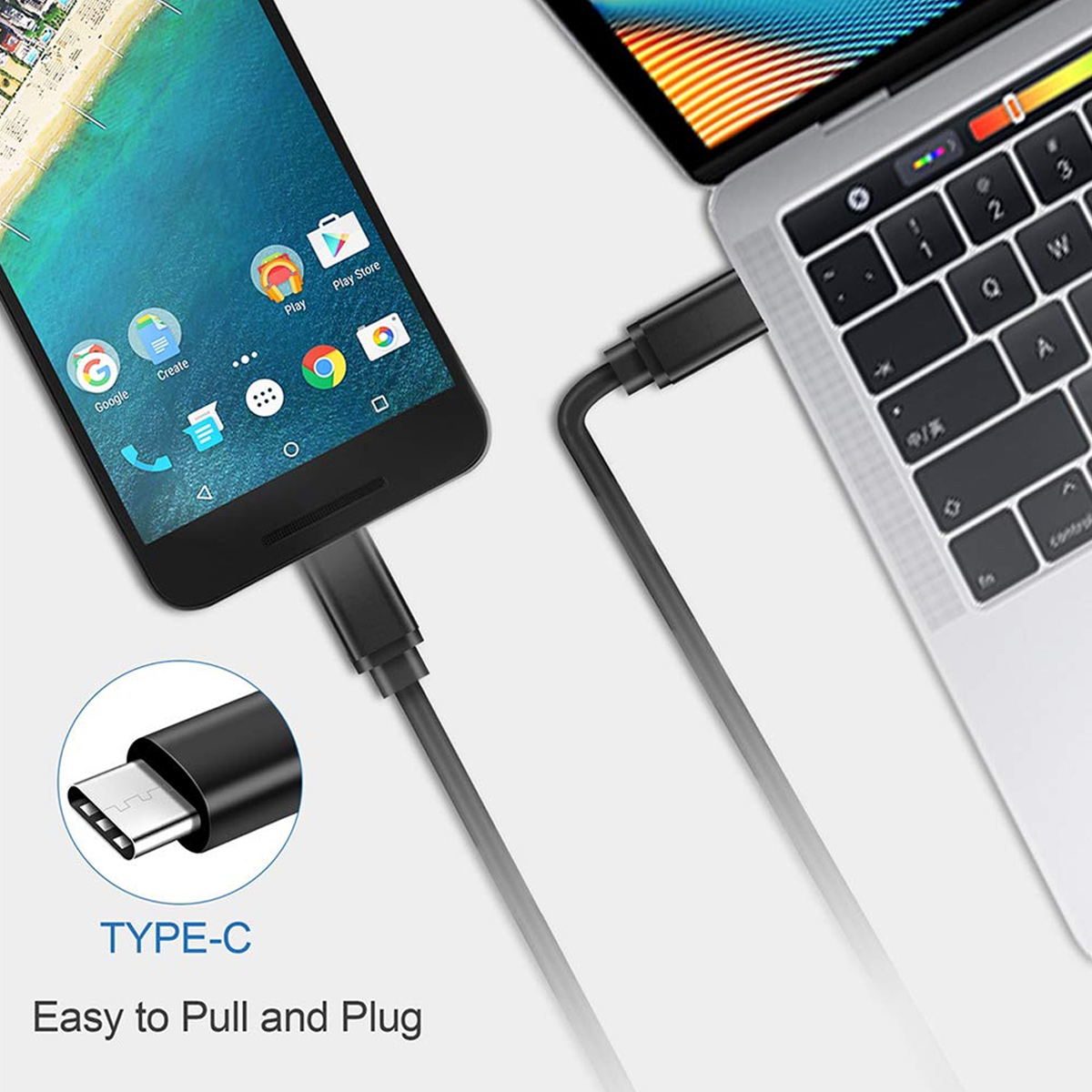 Ein Telefon und ein Laptop sind über ein USB-C-Kabel verbunden. Das Telefon zeigt App-Symbole. Das Kabel ist mit 'TYPE-C Easy to Pull and Plug' beschriftet.