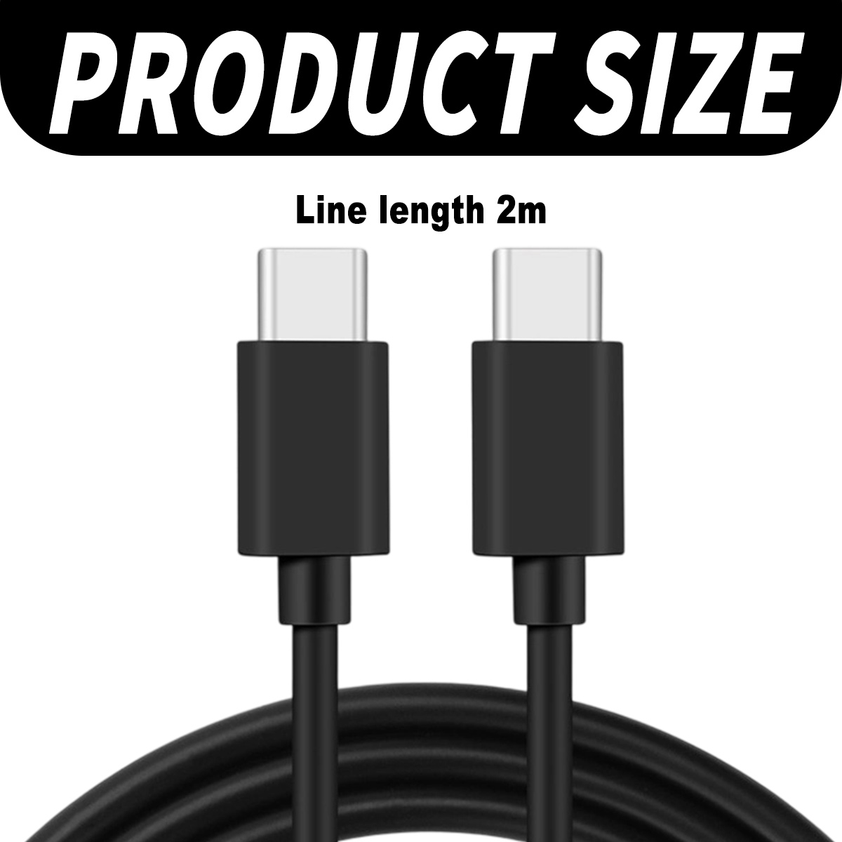 Zwei schwarze USB-C-Kabel, beschriftet mit 'PRODUCT SIZE' und 'Line length 2m'. Kabel haben silberne Stecker und sind auf weißem Hintergrund.
