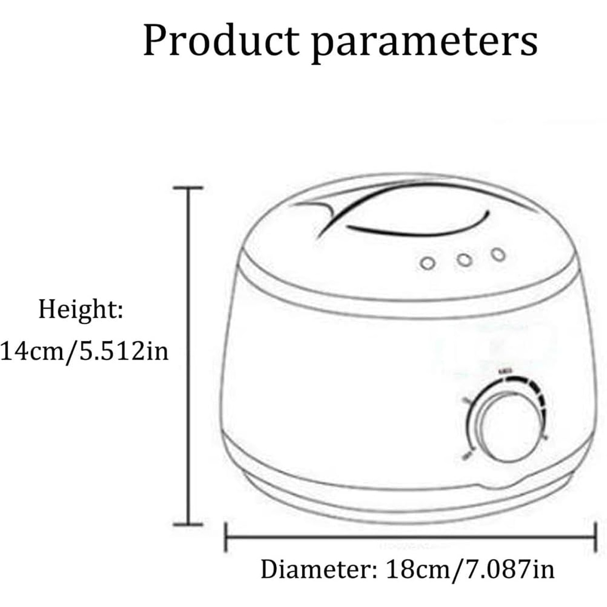 Diagramm eines Wachswärmers mit Maßen. Er hat ein Zifferblatt, drei Lichter und einen Deckel mit Design. Höhe 14cm, Durchmesser 18cm.