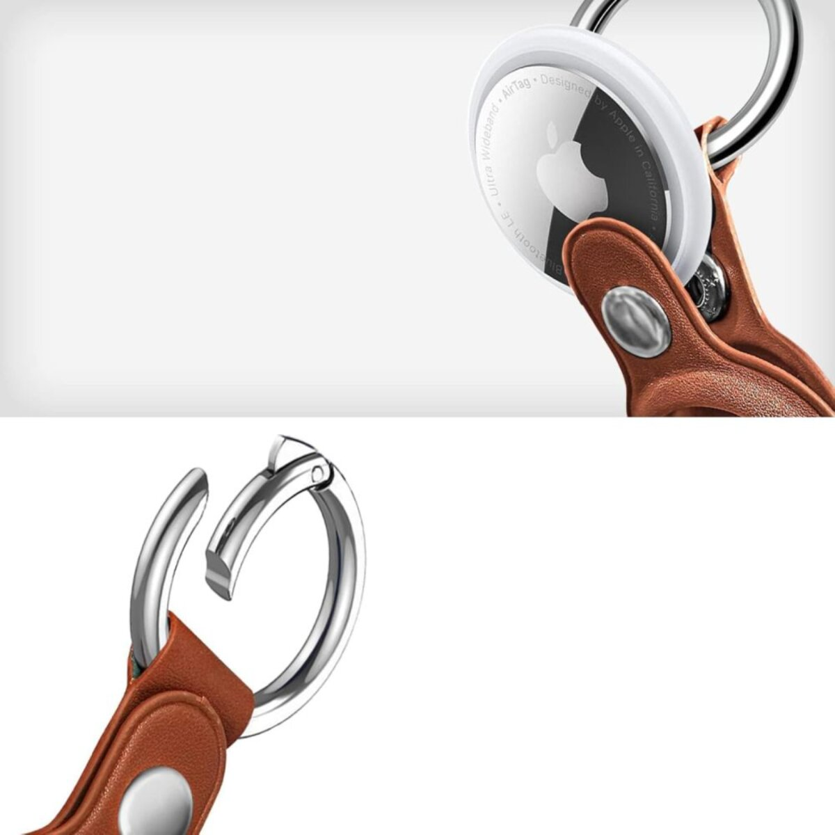 Ein Apple AirTag, befestigt an einem braunen Lederhalter mit einem silbernen Schlüsselring. Der Hintergrund ist weiß.