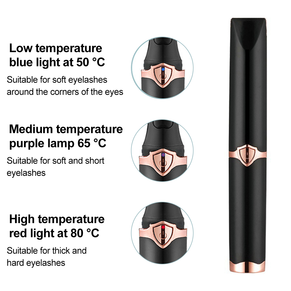 Das Bild zeigt einen Wimpernformer mit drei Lichteinstellungen: blau, lila und rot. Text beschreibt Temperatur und Wimperneignung.