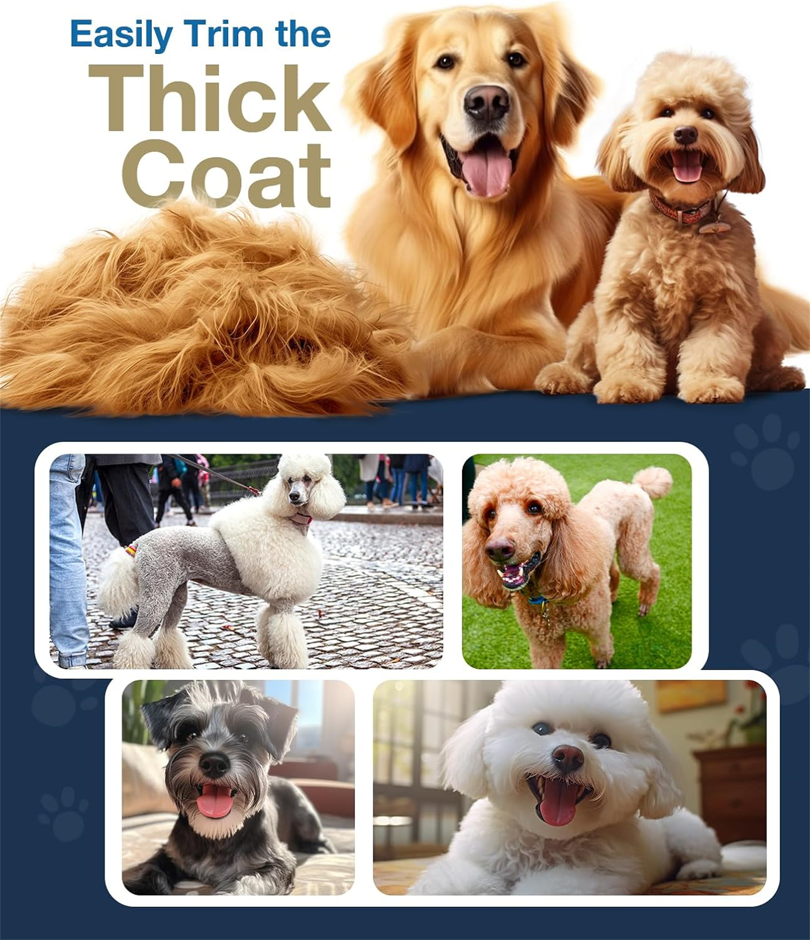 Das Bild zeigt Hunde: Golden Retriever, Pudel und andere. Text: Einfaches Trimmen des dicken Fells.