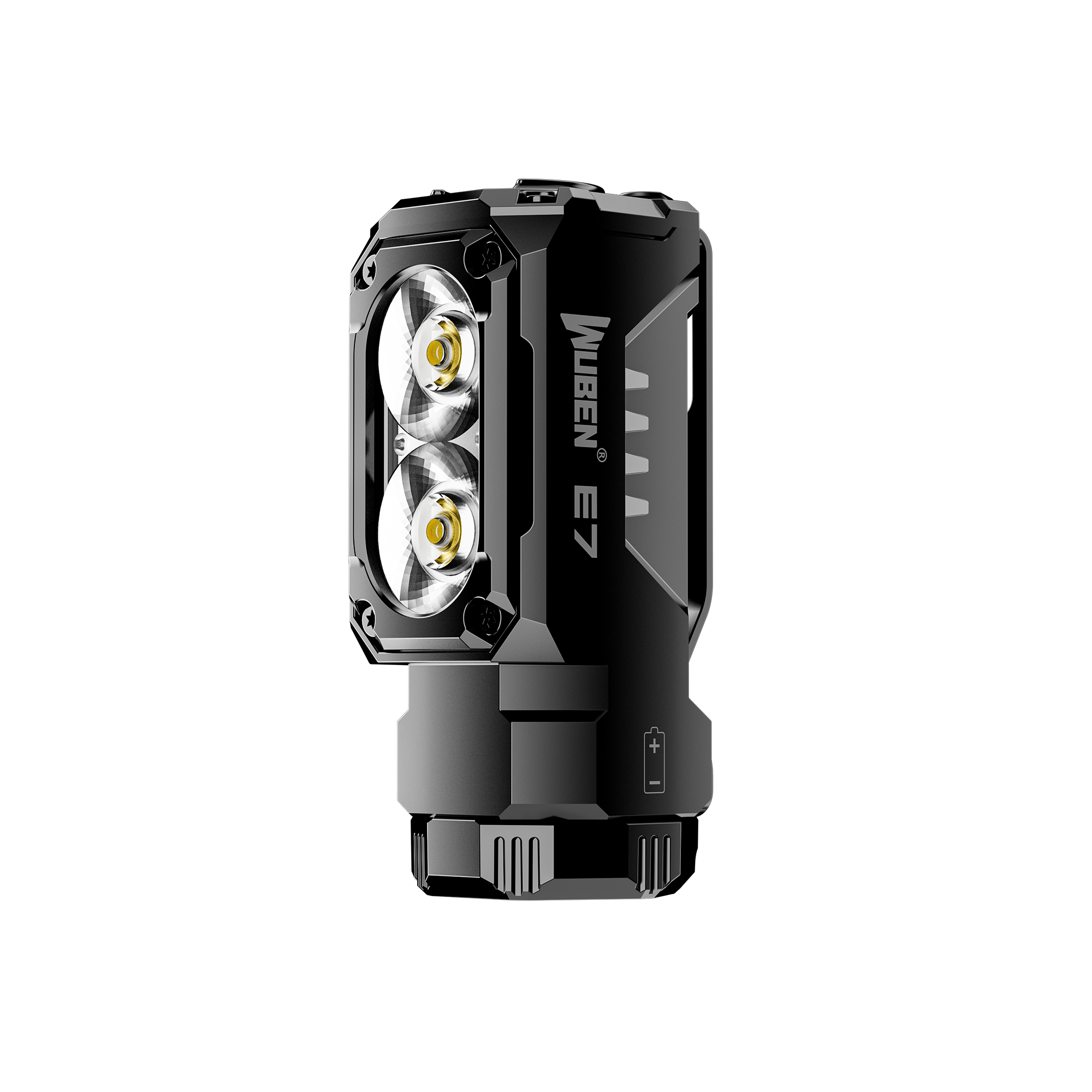 Eine schwarze Wuben E7-Taschenlampe. Sie hat zwei Lichter, eine Leistungsanzeige und einen strukturierten Körper. Der Hintergrund ist weiß.