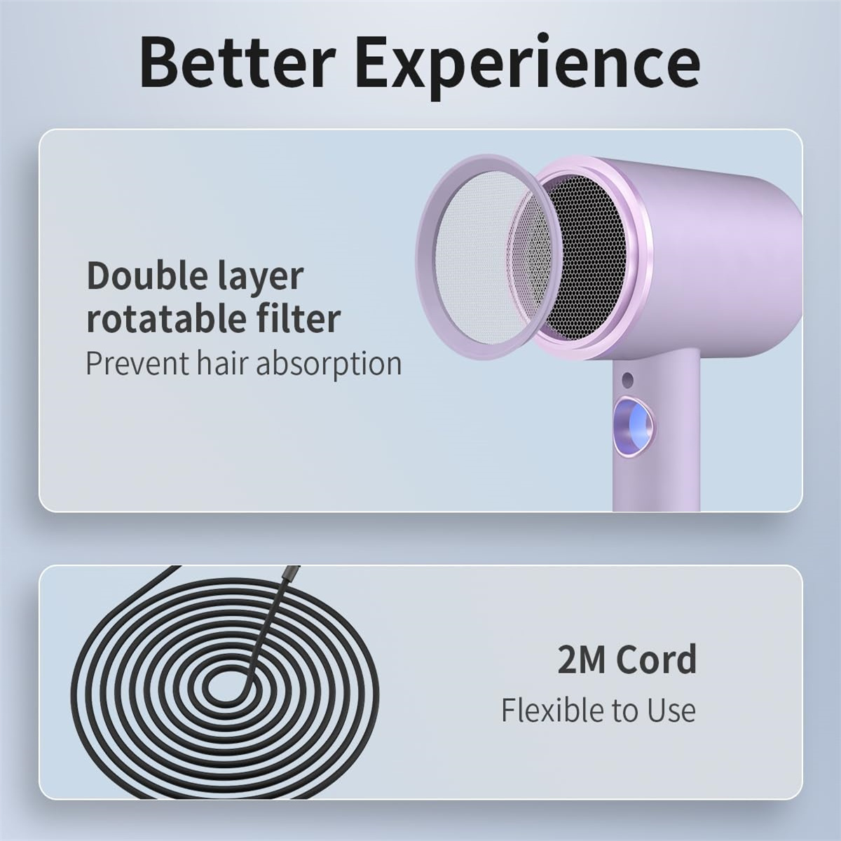 Ein lila Haartrockner mit zweilagigem Filter und einem aufgerollten schwarzen Kabel. Text: Better Experience, Double layer rotatable filter, 2M Cord.
