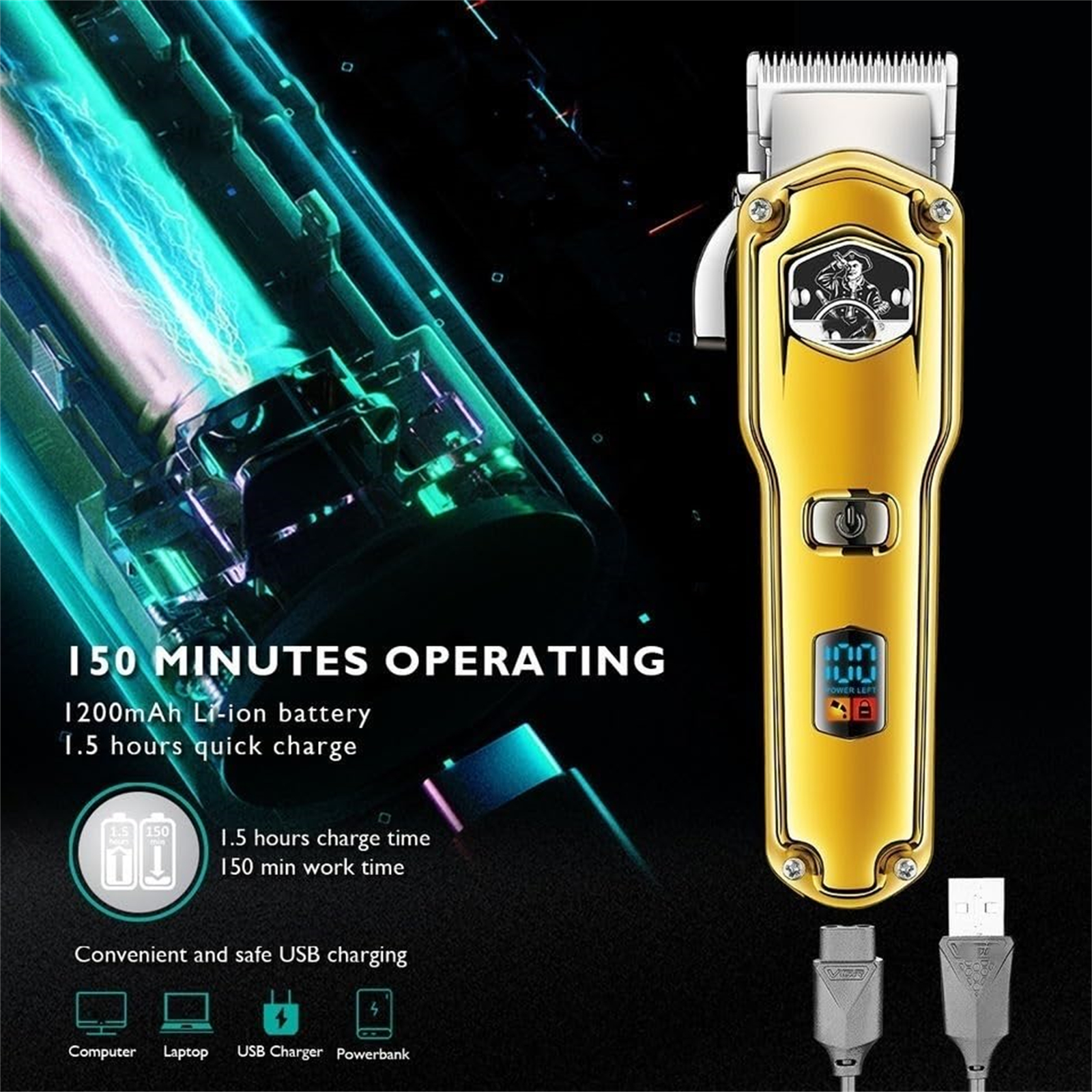 Ein goldener elektrischer Haarschneider mit digitaler Anzeige, USB-Aufladung und Text mit 150 Minuten Betriebszeit.