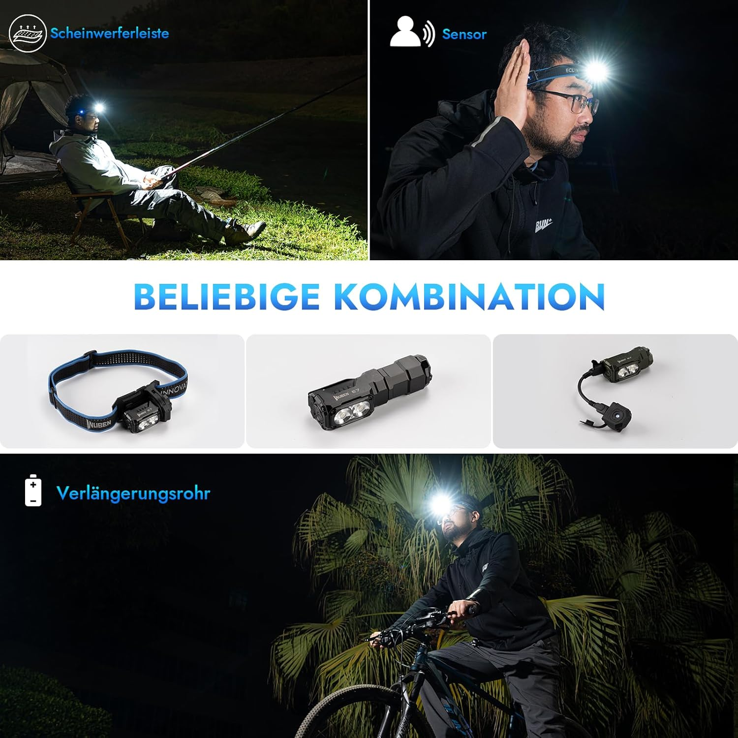 Das Bild zeigt Menschen, die Stirnlampen in verschiedenen Szenarien verwenden: Angeln, Brille tragen und nachts Rad fahren. Produkte werden ebenfalls angezeigt.