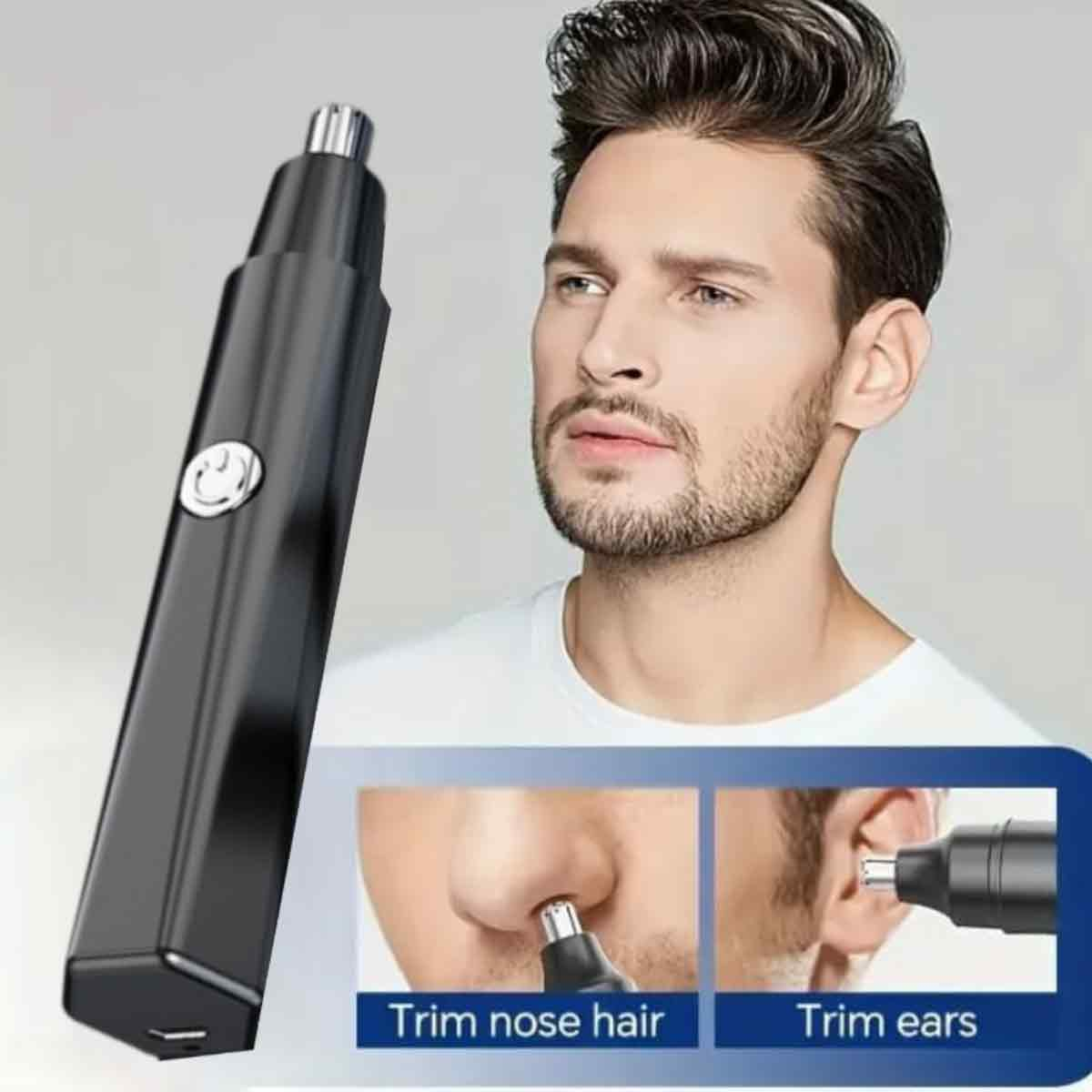 Ein Mann mit Bart und einem Nasenhaartrimmer. Unten wird das Trimmen von Nasen- und Ohrhaaren gezeigt.