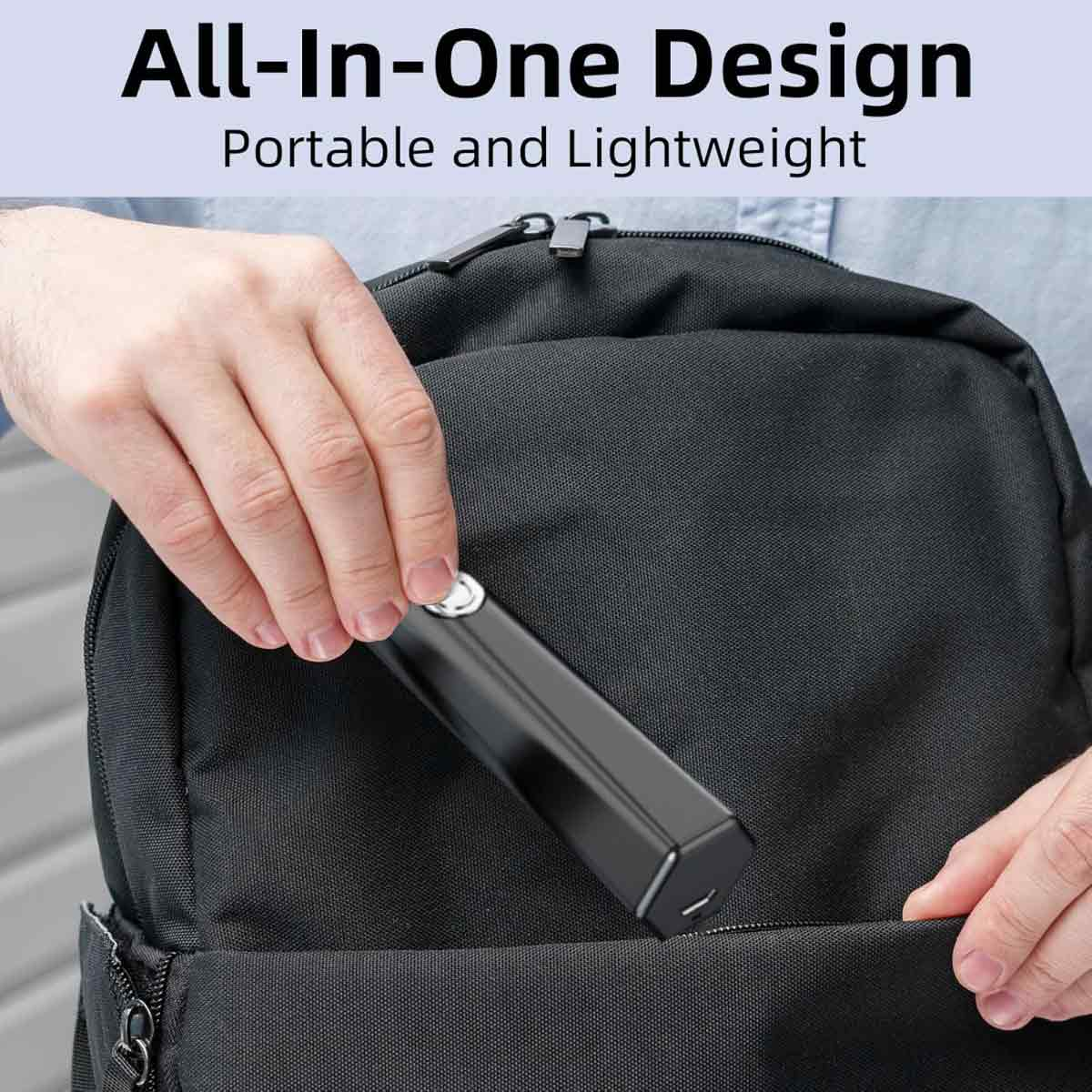 Eine Hand legt ein schwarzes, rechteckiges Gerät in eine schwarze Rucksacktasche. Der Text 'All-In-One Design' und 'Portable and Lightweight' ist oben.