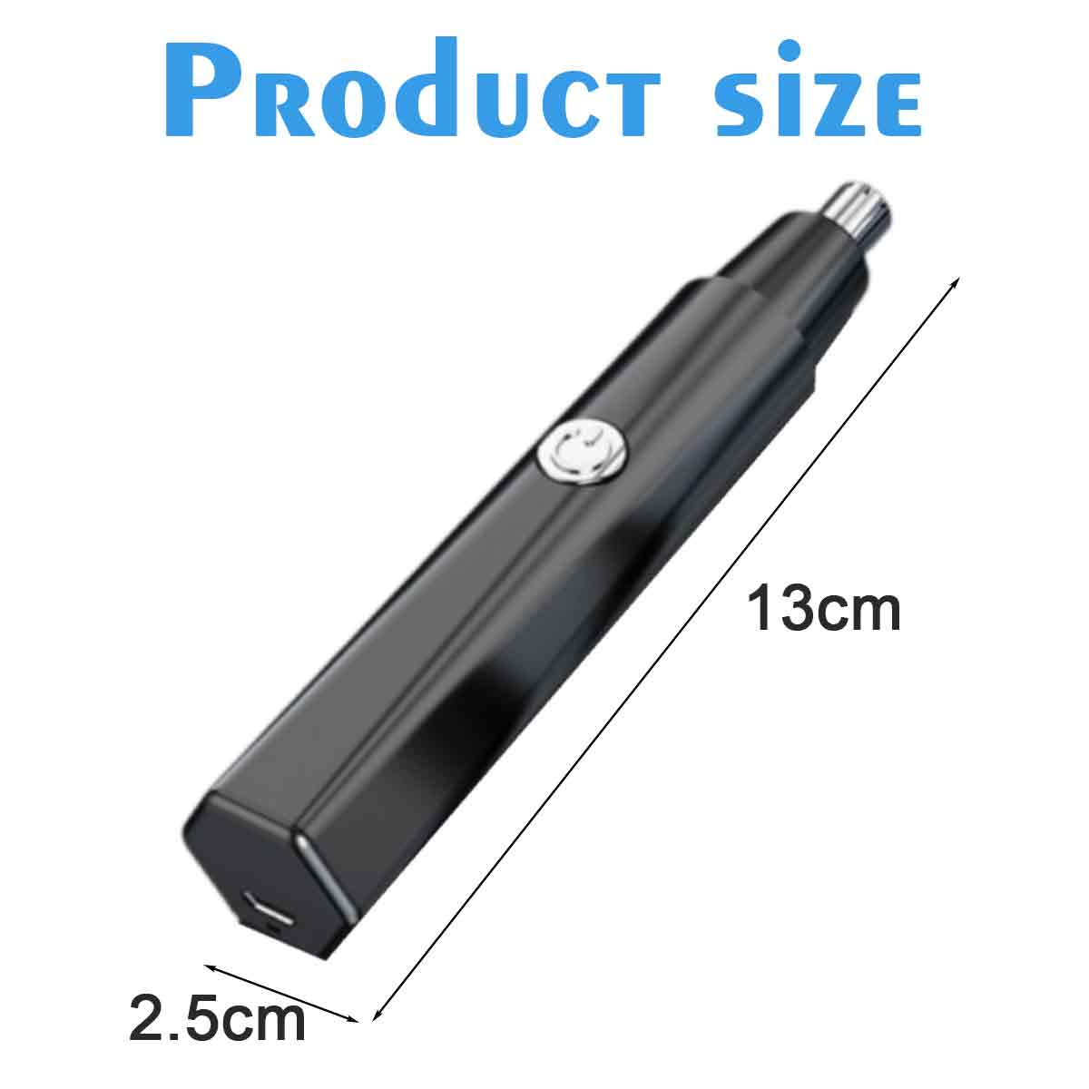 Schwarzer Nasenhaartrimmer mit Größenangaben. Produktgröße-Text oben. Das Gerät ist 13 cm lang und 2,5 cm breit.
