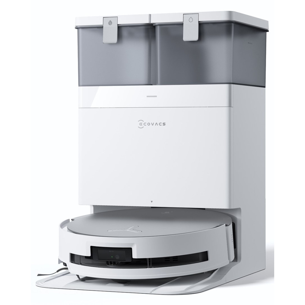 Biały i szary robot odkurzający. Posiada dwa górne pojemniki, korpus główny z logo Ecovacs i okrągłą podstawę.