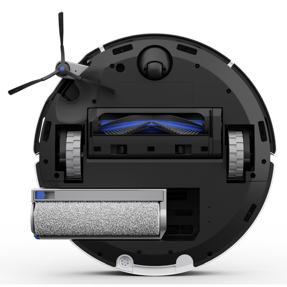 Widok od spodu robota sprzątającego. Pokazuje koła, szczotki, szczotkę wałkową oraz różne czarne i szare elementy.