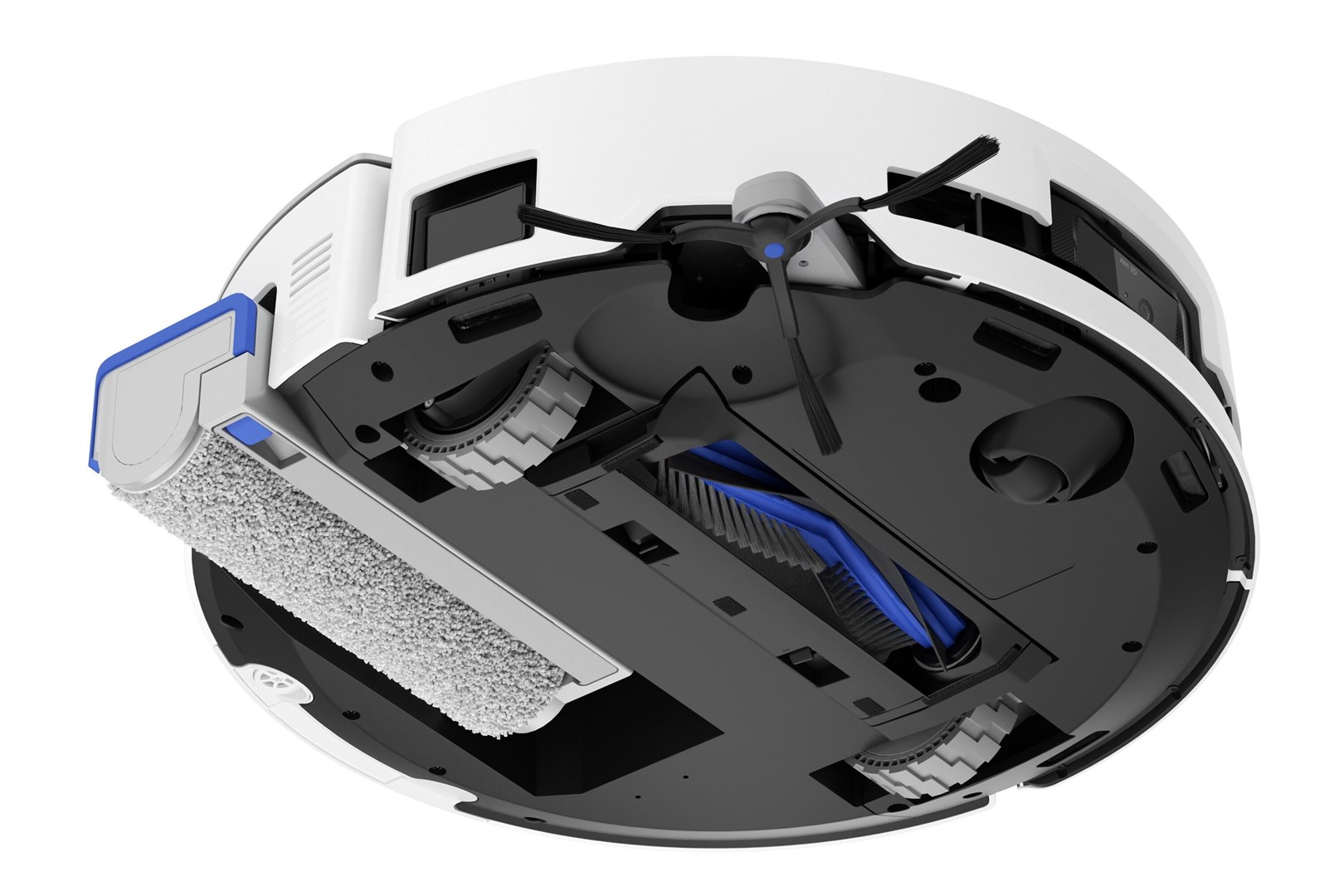 Biało-czarny odkurzacz automatyczny. Ma niebieską szczotkę, dwa koła i szarą podkładkę czyszczącą.