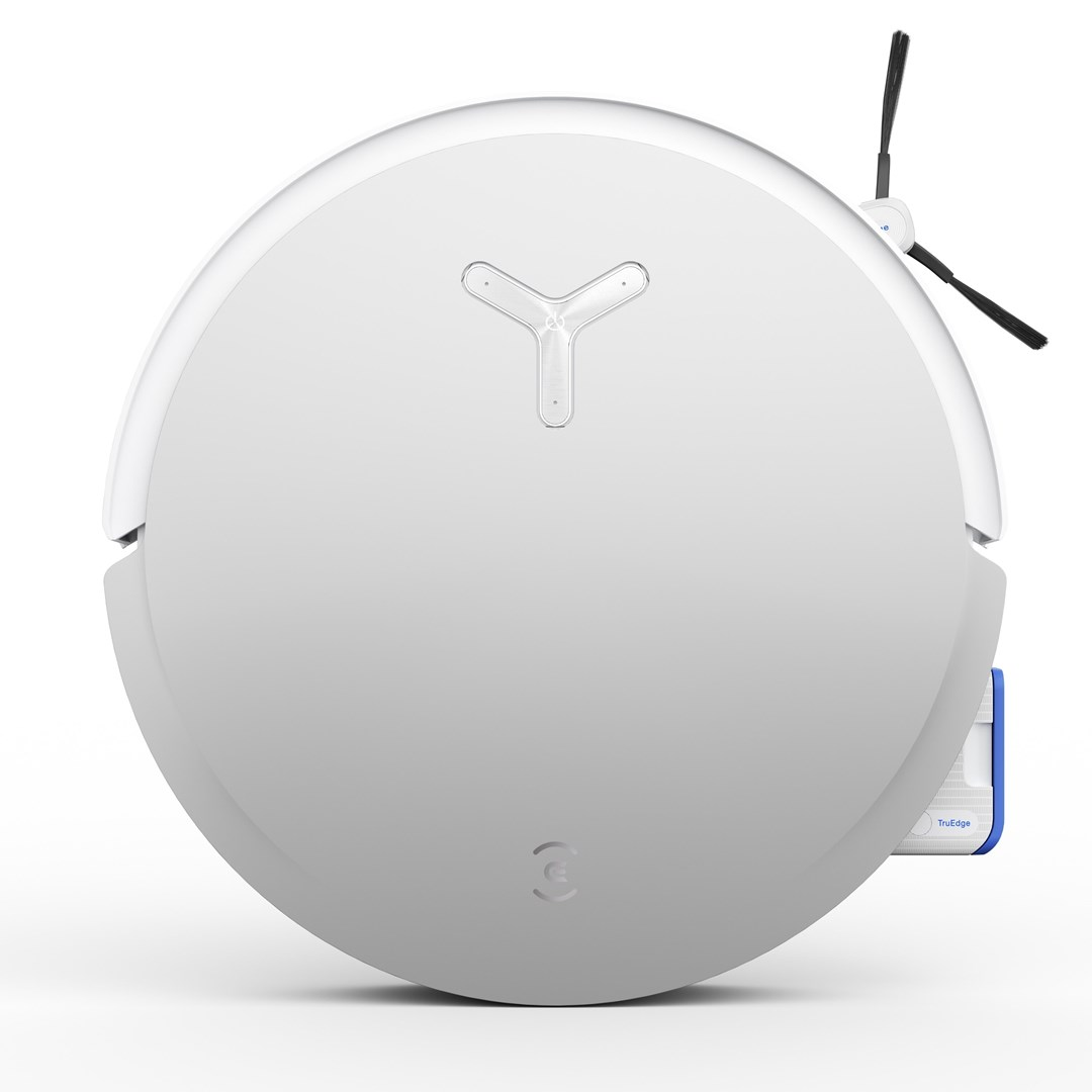 Biały odkurzacz automatyczny z przyciskiem w kształcie litery Y i czarnymi szczotkami. Krawędź ma niebieski element TruEdge.