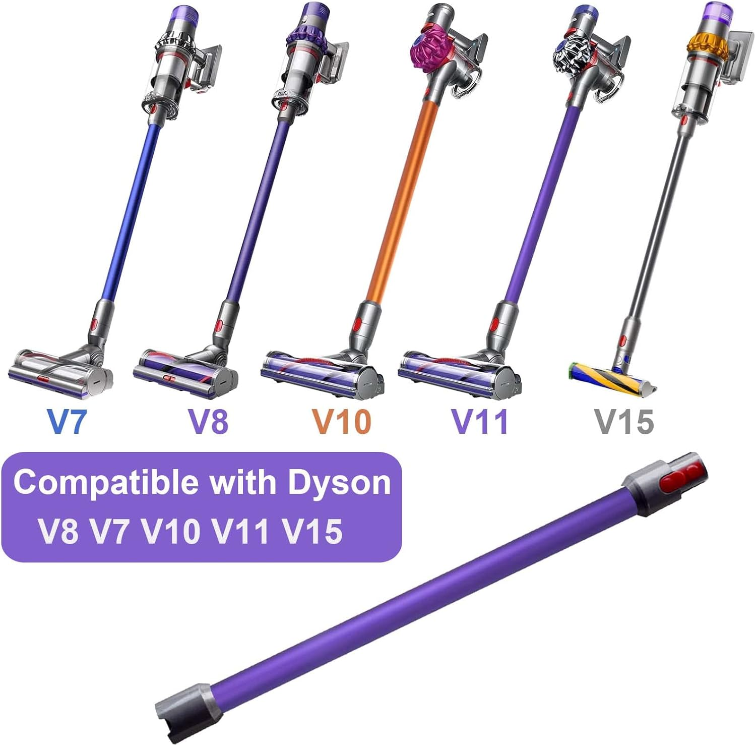 Das Bild zeigt fünf Dyson-Staubsauger verschiedener Modelle. Eine lila Verlängerungsstange ist ebenfalls vorhanden. Text: Kompatibel mit Dyson V8 V7 V10 V11 V15.