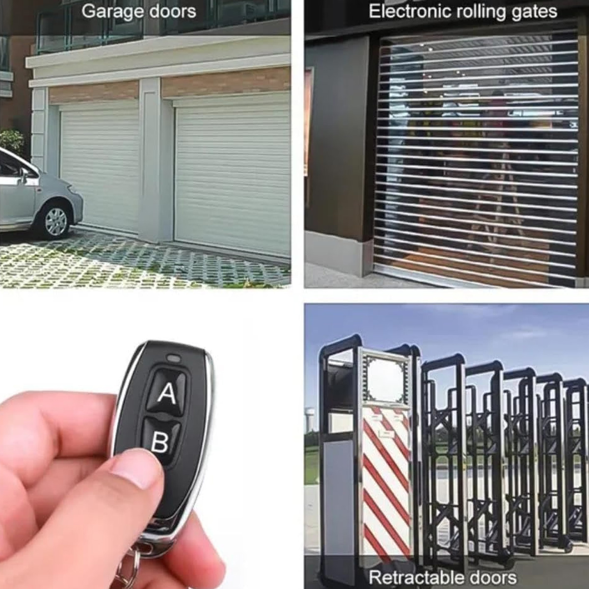 Das Bild zeigt Garagentore, elektronische Rolltore, eine Fernbedienung und einziehbare Türen. Es sind verschiedene Arten von Türen.