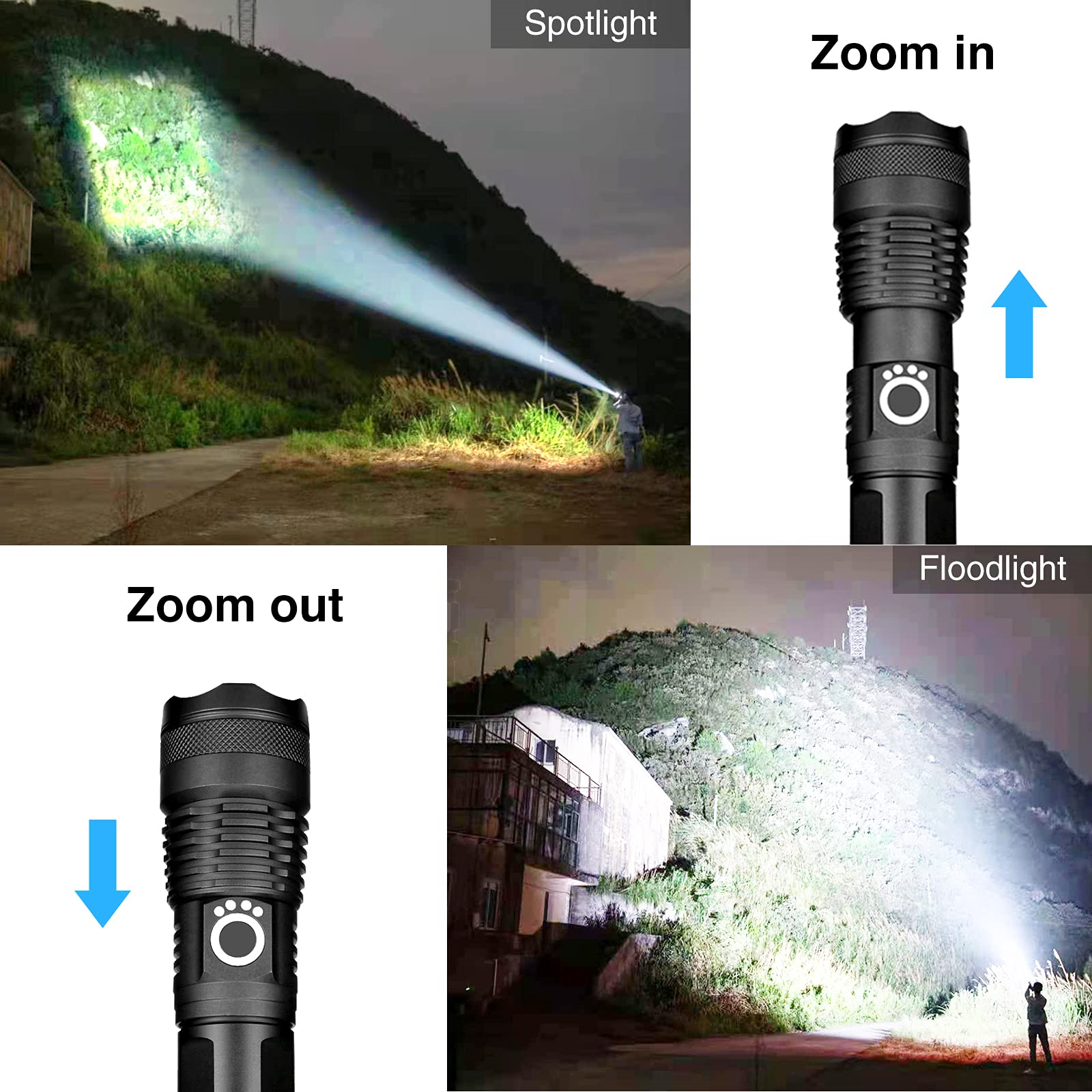 Das Bild zeigt eine Taschenlampe mit Spot- und Flutlichtmodi, die eine dunkle Landschaft beleuchtet, mit Zoom-In- und Zoom-Out-Optionen.