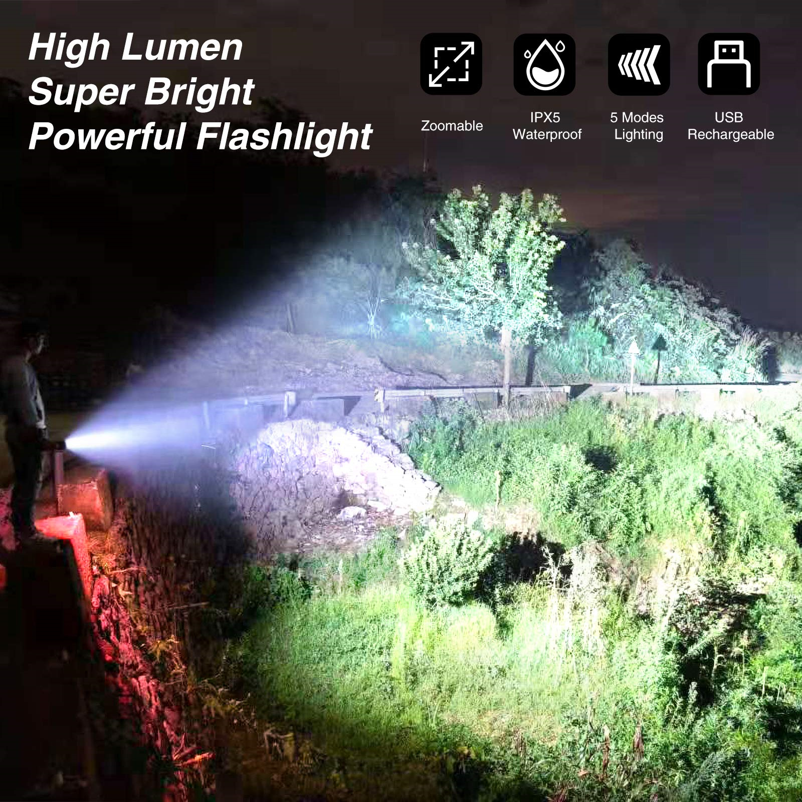 Eine Person leuchtet nachts mit einer hellen Taschenlampe. Das Licht beleuchtet eine Straße und Vegetation.
