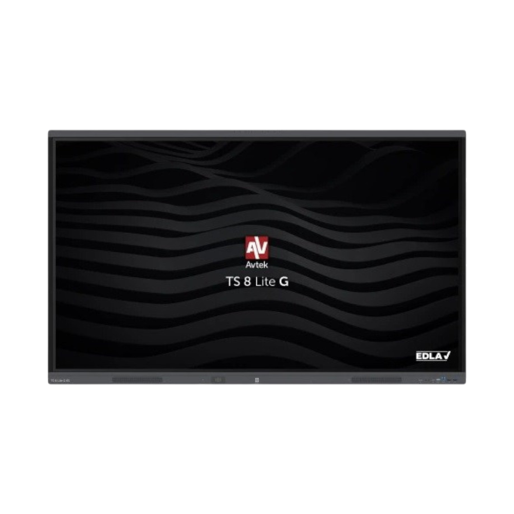 Czarna interaktywna tablica z logo Avtek, tekstem TS 8 Lite G i logo EDLA na czarnym tle.